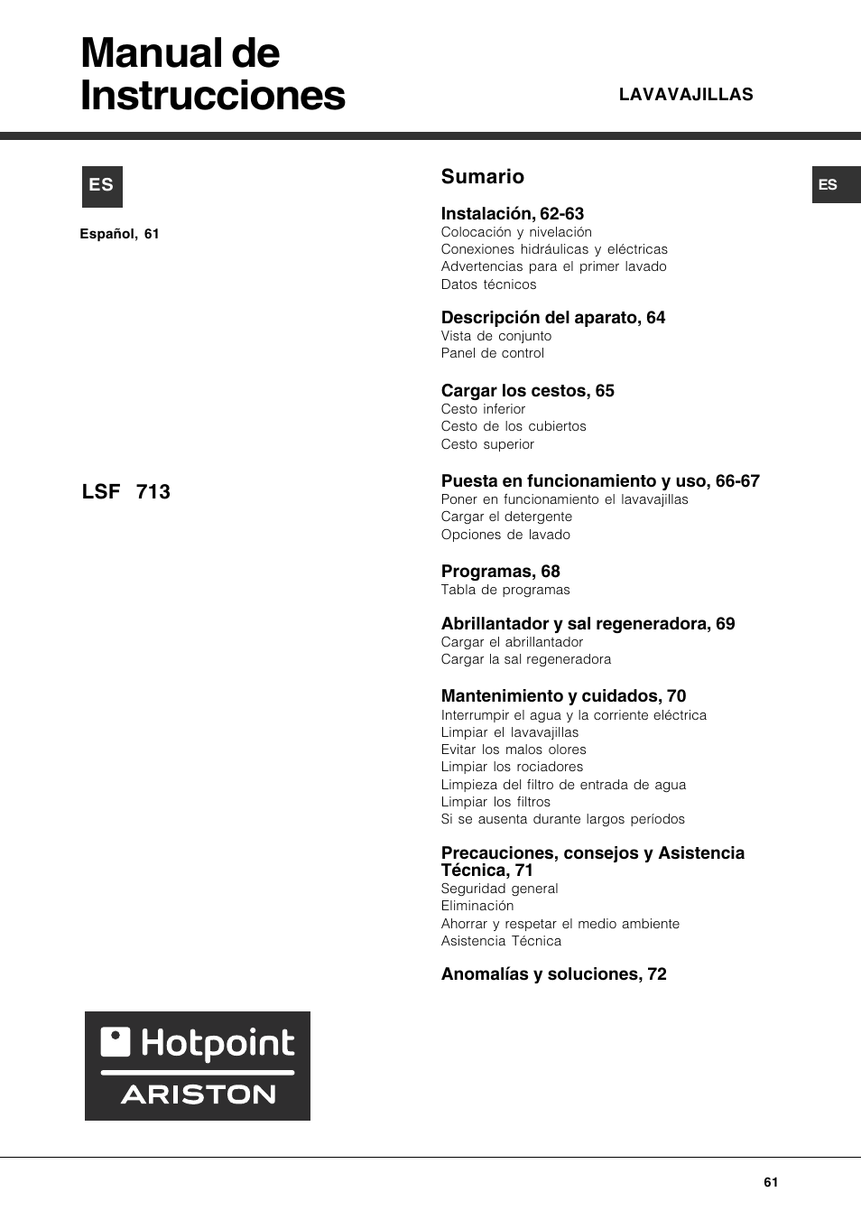Manual de instrucciones, Sumario, Lsf 713 | Hotpoint Ariston LSF 723 EU-HA User Manual | Page 61 / 84