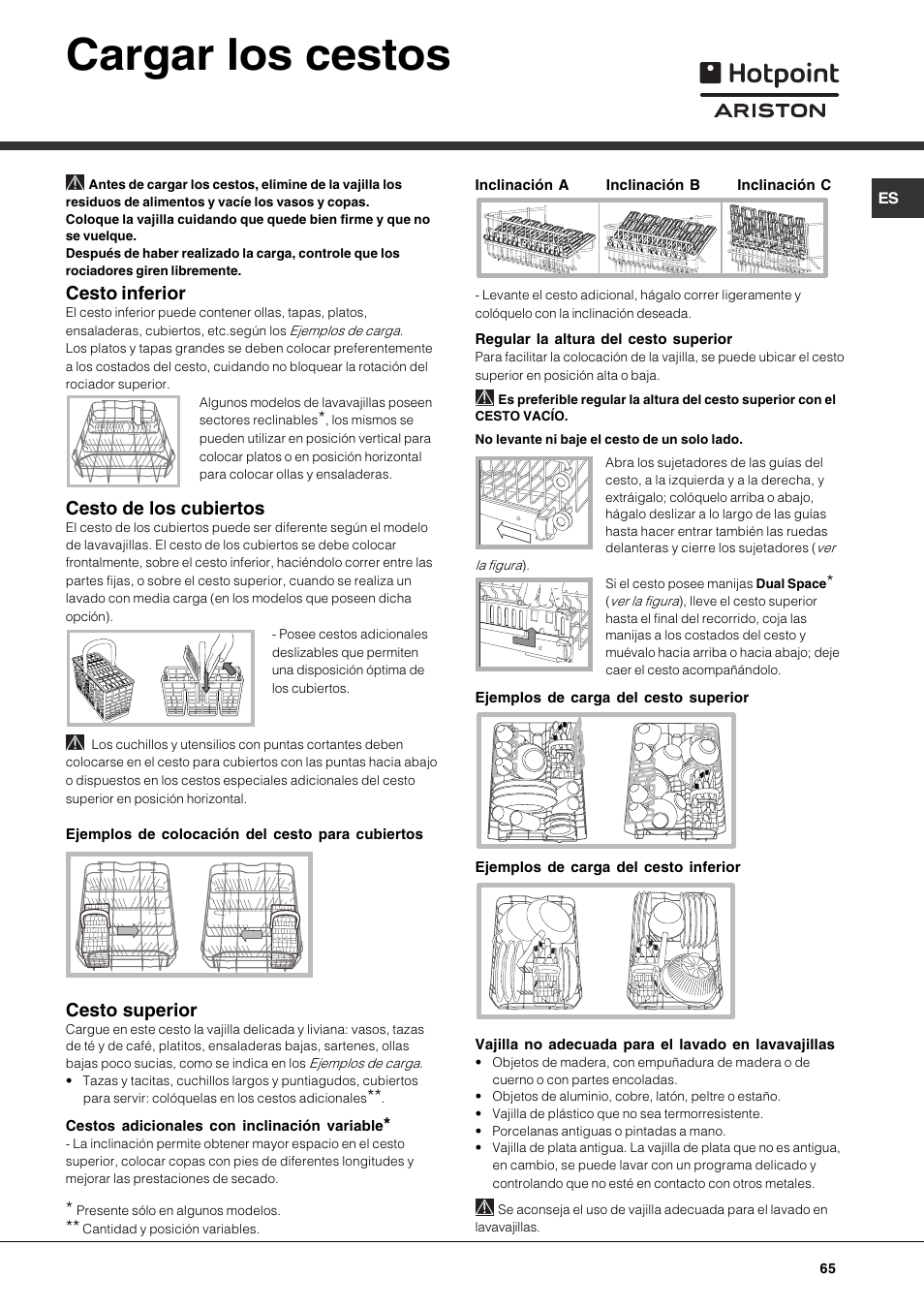 Cargar los cestos, Cesto inferior, Cesto de los cubiertos | Cesto superior | Hotpoint Ariston LSF 723 EU-HA User Manual | Page 65 / 84