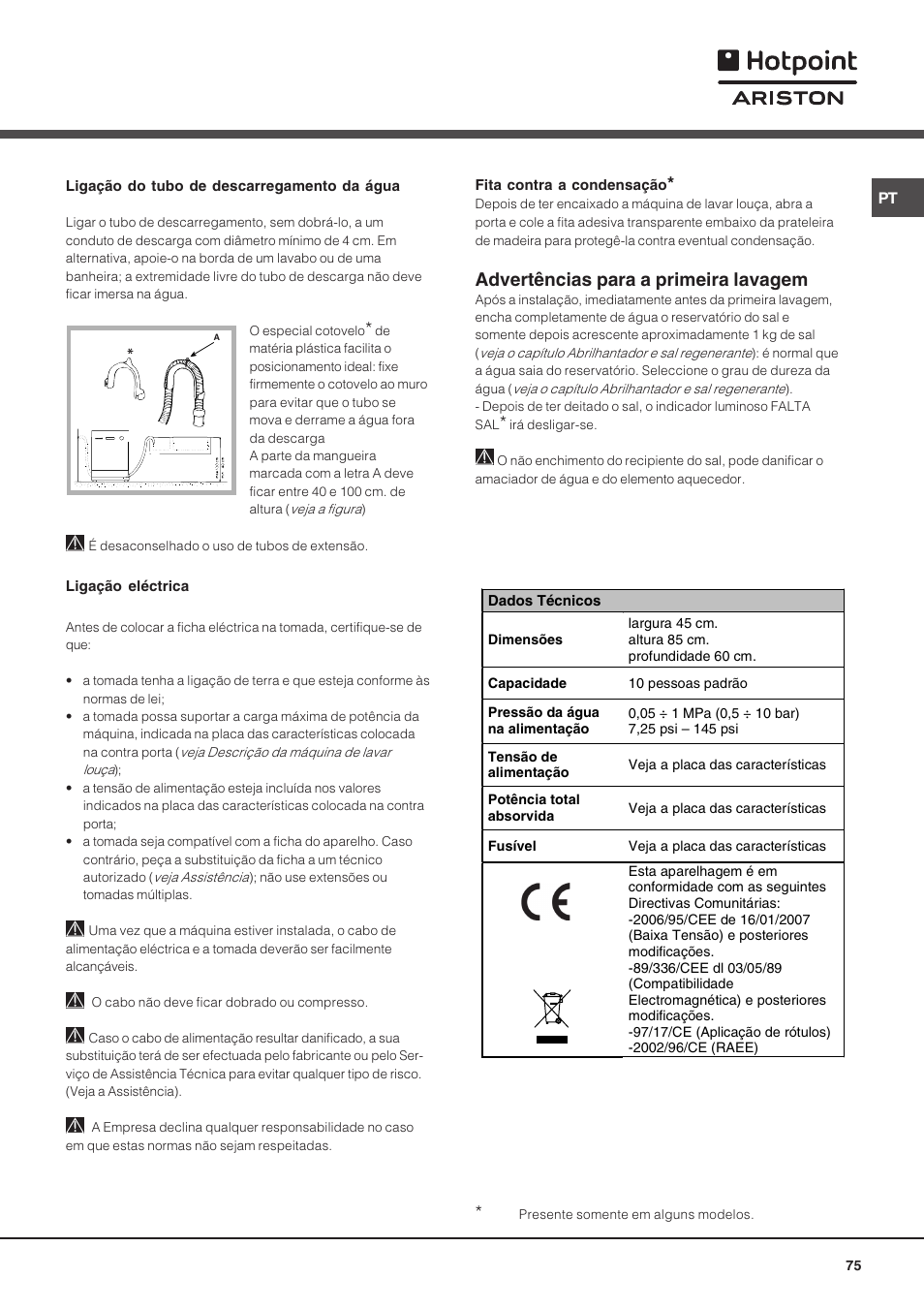 Advertências para a primeira lavagem | Hotpoint Ariston LSF 723 EU-HA User Manual | Page 75 / 84