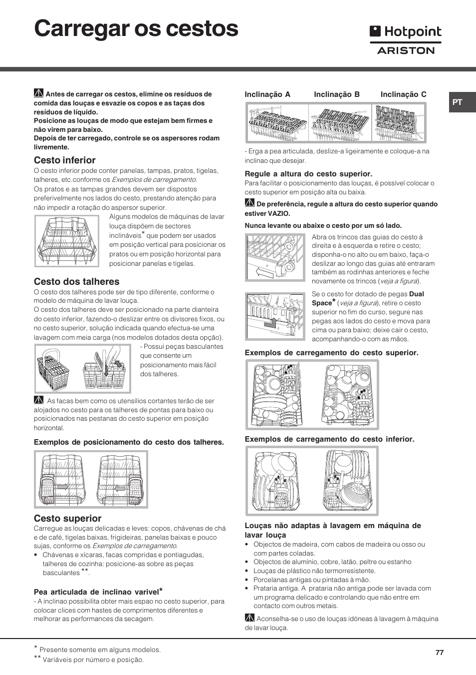Carregar os cestos, Cesto inferior, Cesto dos talheres | Cesto superior | Hotpoint Ariston LSF 723 EU-HA User Manual | Page 77 / 84
