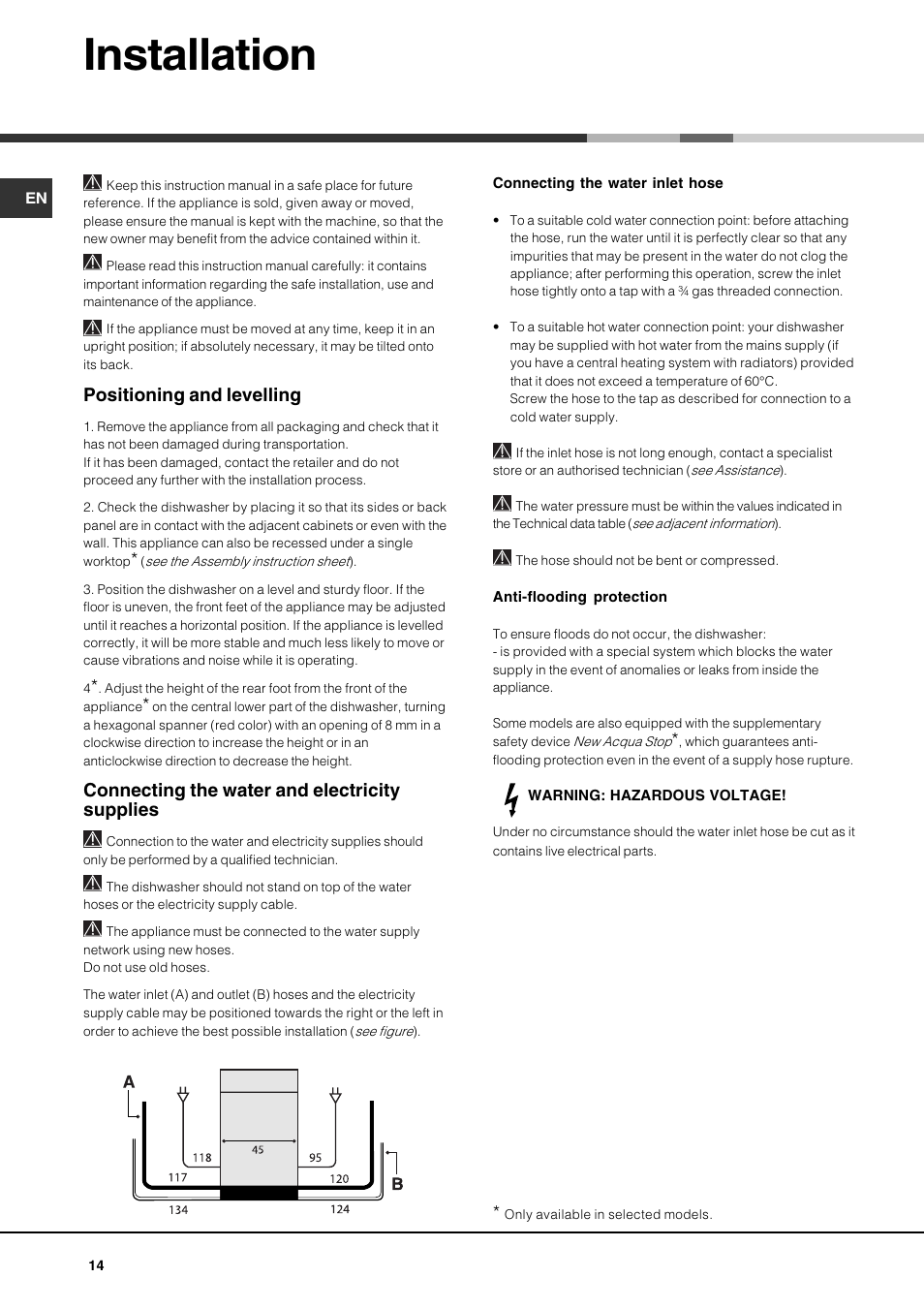 Installation, Positioning and levelling, Connecting the water and electricity supplies | Hotpoint Ariston LSF 723 User Manual | Page 14 / 84