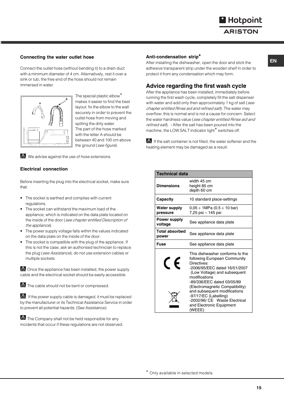 Advice regarding the first wash cycle | Hotpoint Ariston LSF 723 User Manual | Page 15 / 84