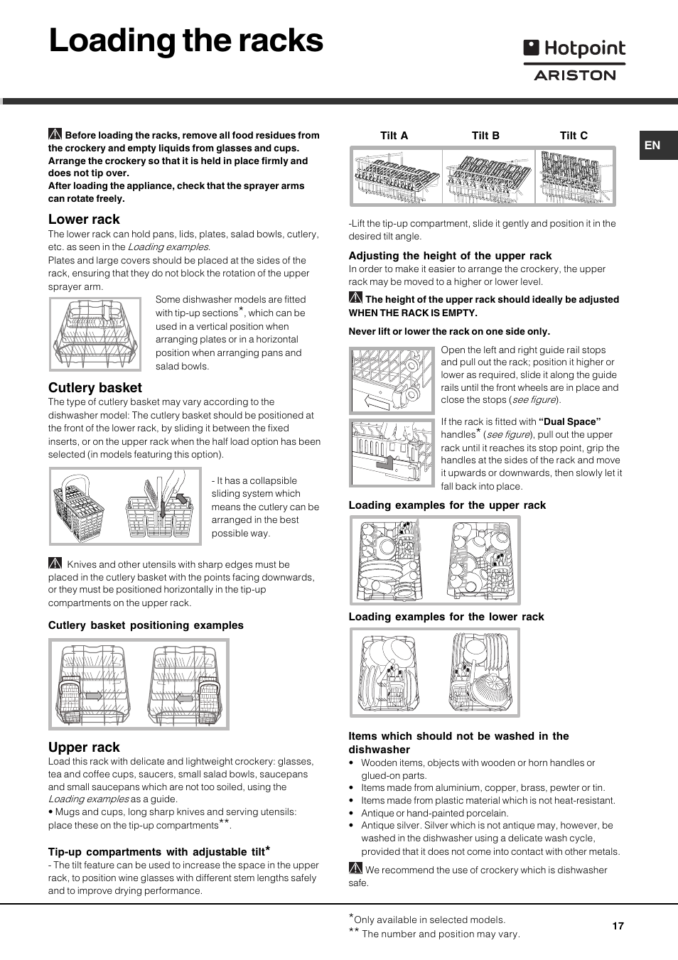 Loading the racks, Lower rack, Cutlery basket | Upper rack | Hotpoint Ariston LSF 723 User Manual | Page 17 / 84