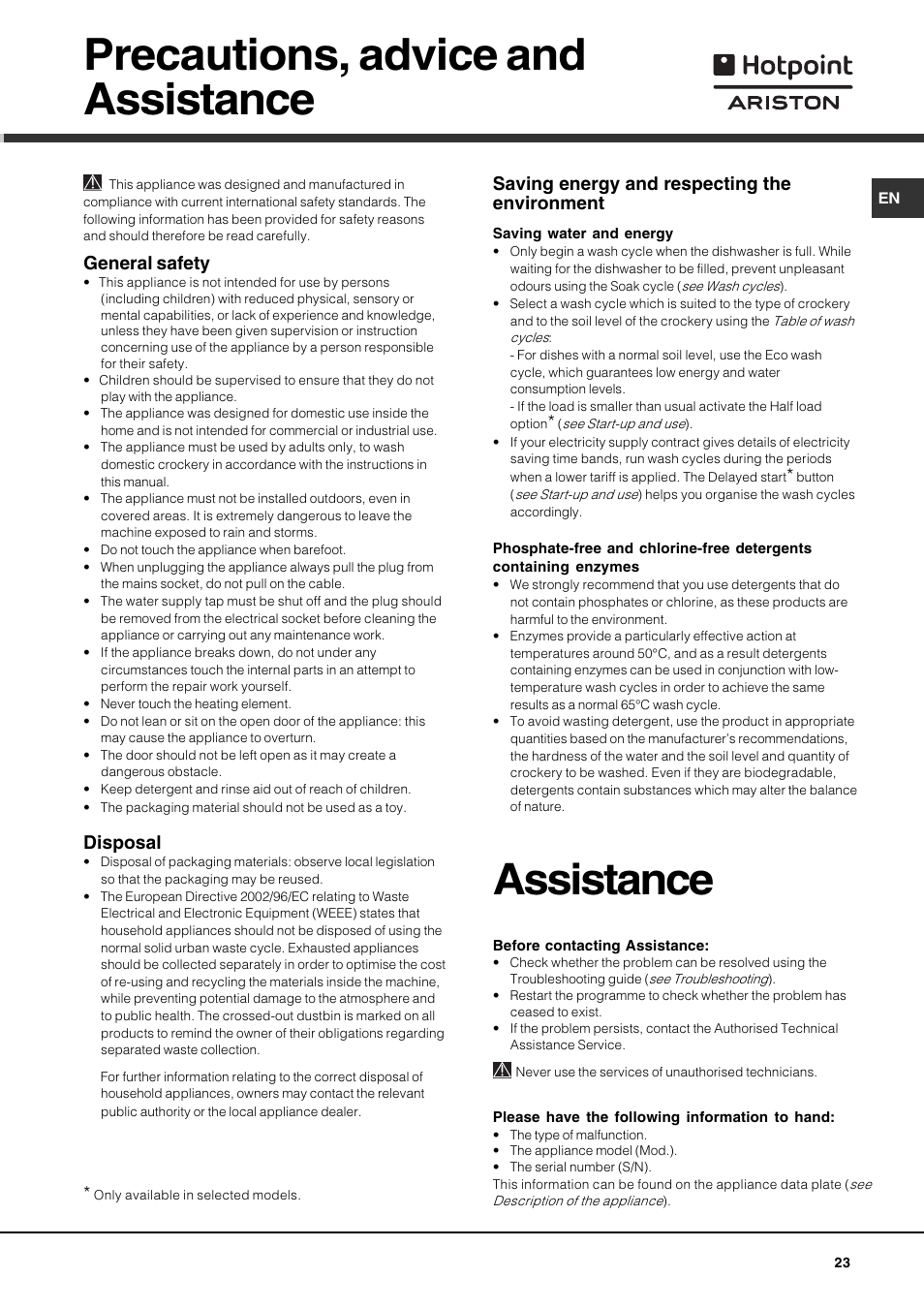 Precautions, advice and assistance, Assistance, General safety | Disposal, Saving energy and respecting the environment | Hotpoint Ariston LSF 723 User Manual | Page 23 / 84