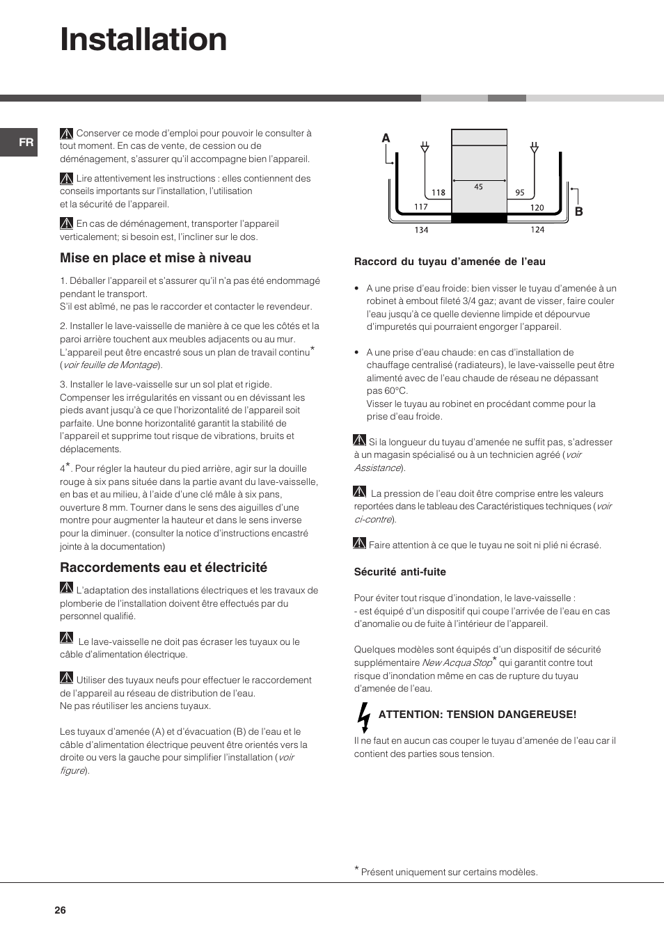 Installation, Mise en place et mise à niveau, Raccordements eau et électricité | Hotpoint Ariston LSF 723 User Manual | Page 26 / 84