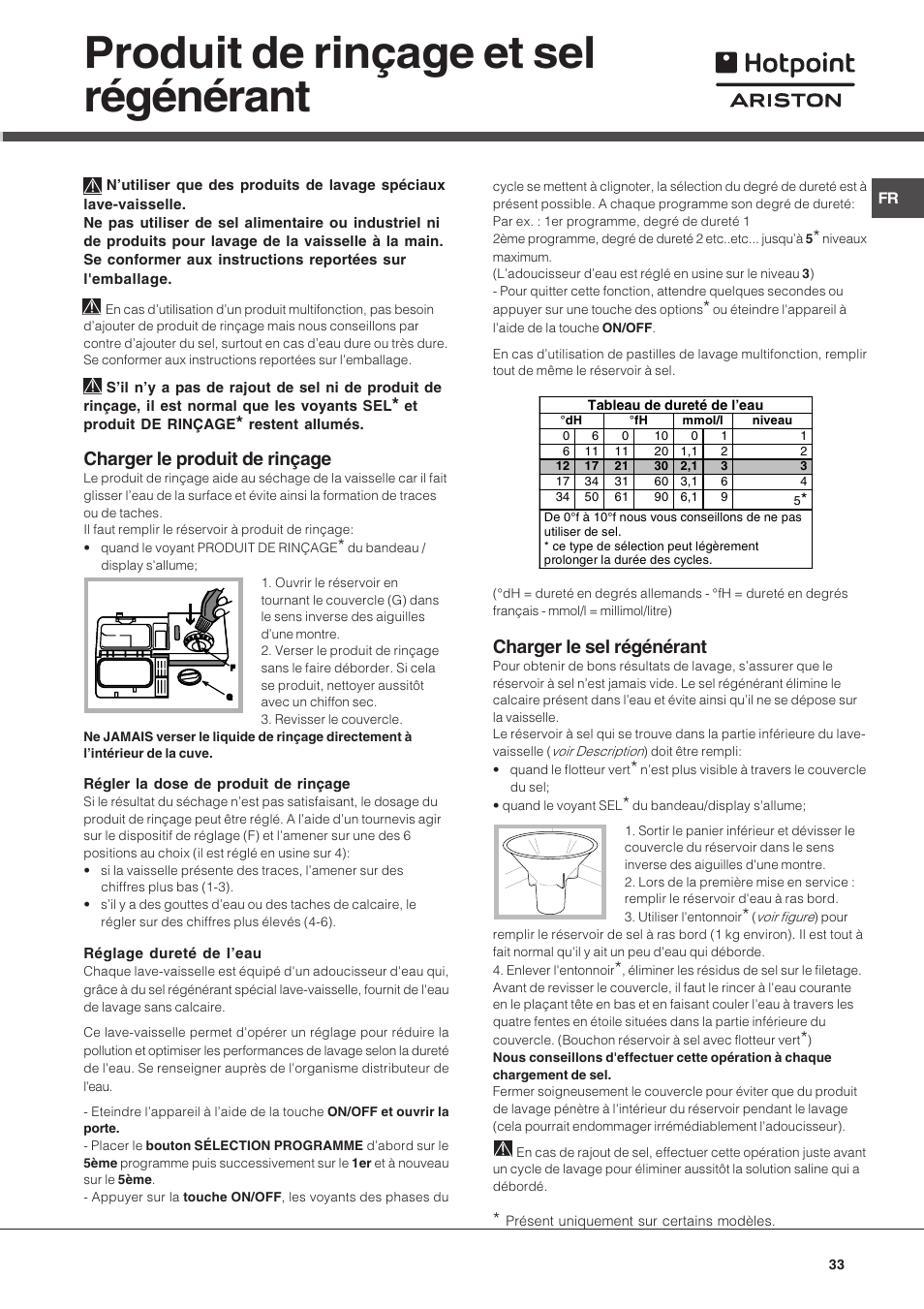 Produit de rinçage et sel régénérant, Charger le produit de rinçage, Charger le sel régénérant | Hotpoint Ariston LSF 723 User Manual | Page 33 / 84