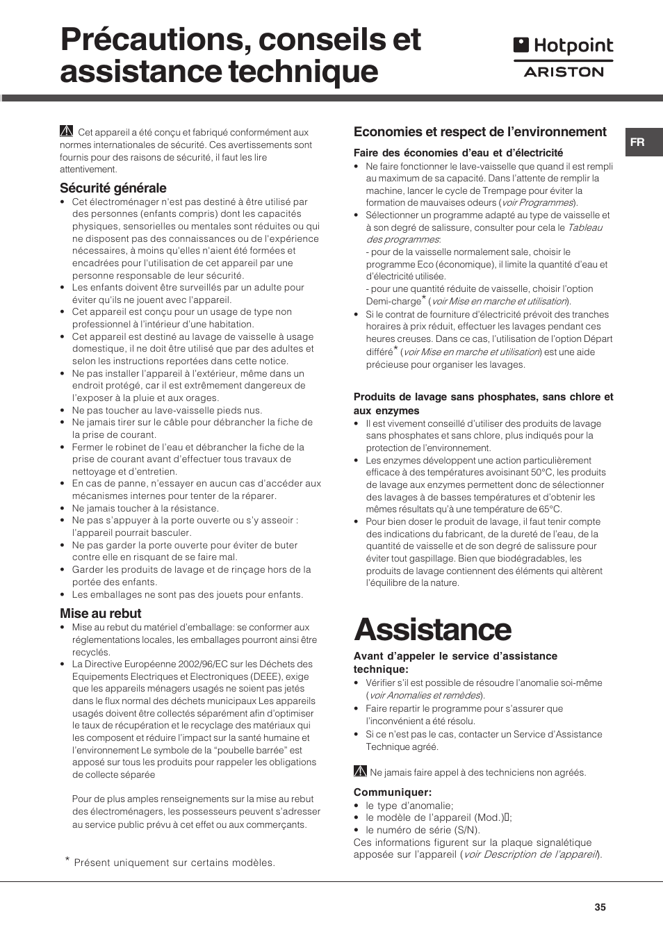 Précautions, conseils et assistance technique, Assistance, Sécurité générale | Mise au rebut, Economies et respect de lenvironnement | Hotpoint Ariston LSF 723 User Manual | Page 35 / 84