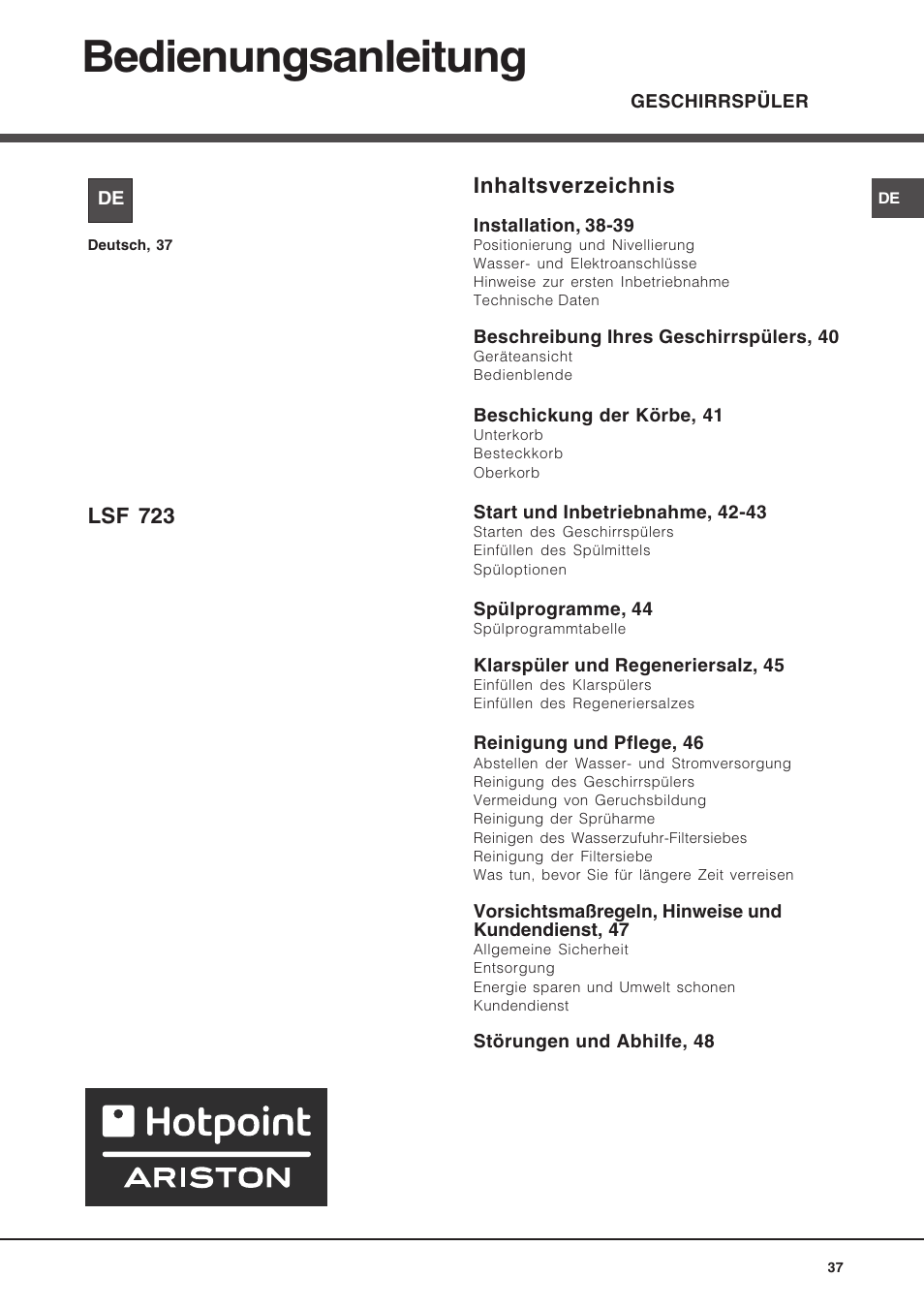 Hotpoint Ariston LSF 723 User Manual | Page 37 / 84
