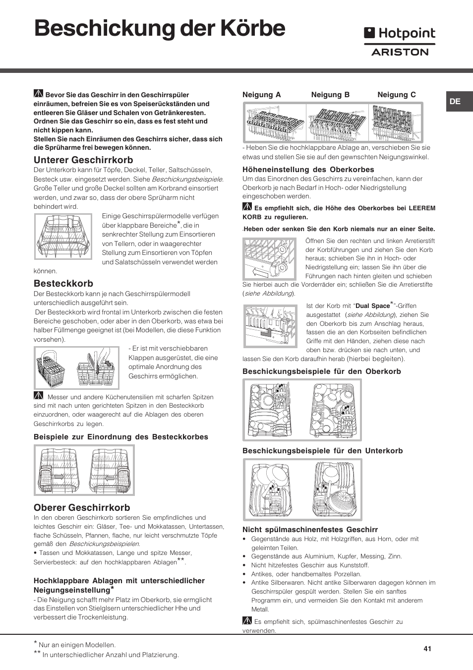 Beschickung der körbe, Unterer geschirrkorb, Besteckkorb | Oberer geschirrkorb | Hotpoint Ariston LSF 723 User Manual | Page 41 / 84
