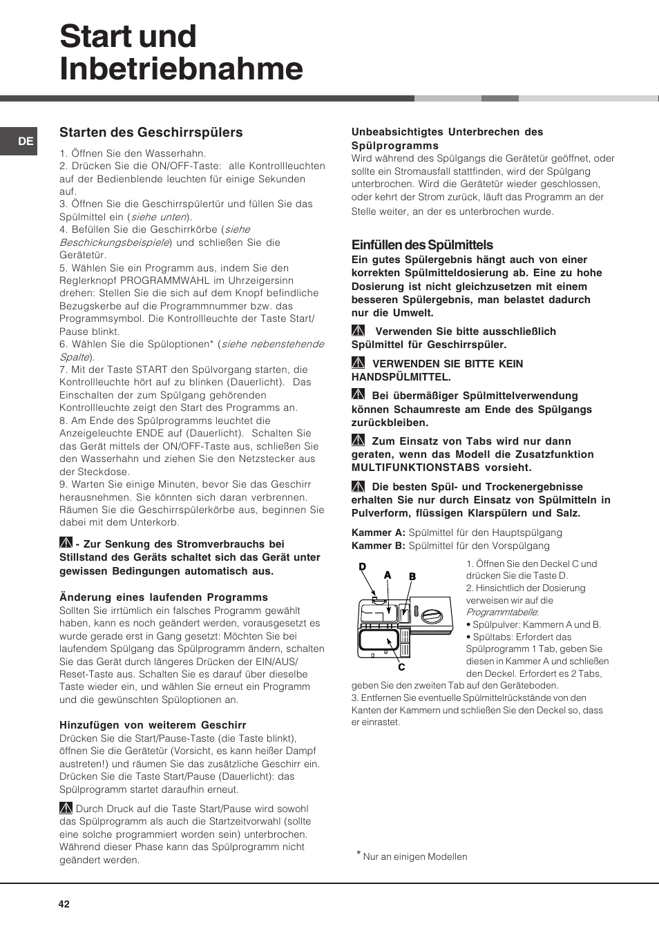 Start und inbetriebnahme, Einfüllen des spülmittels, Starten des geschirrspülers | Hotpoint Ariston LSF 723 User Manual | Page 42 / 84