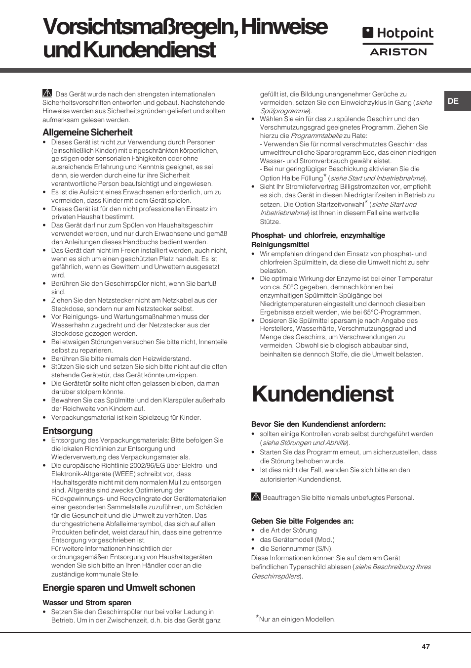 Vorsichtsmaßregeln, hinweise und kundendienst, Kundendienst, Allgemeine sicherheit | Entsorgung, Energie sparen und umwelt schonen | Hotpoint Ariston LSF 723 User Manual | Page 47 / 84