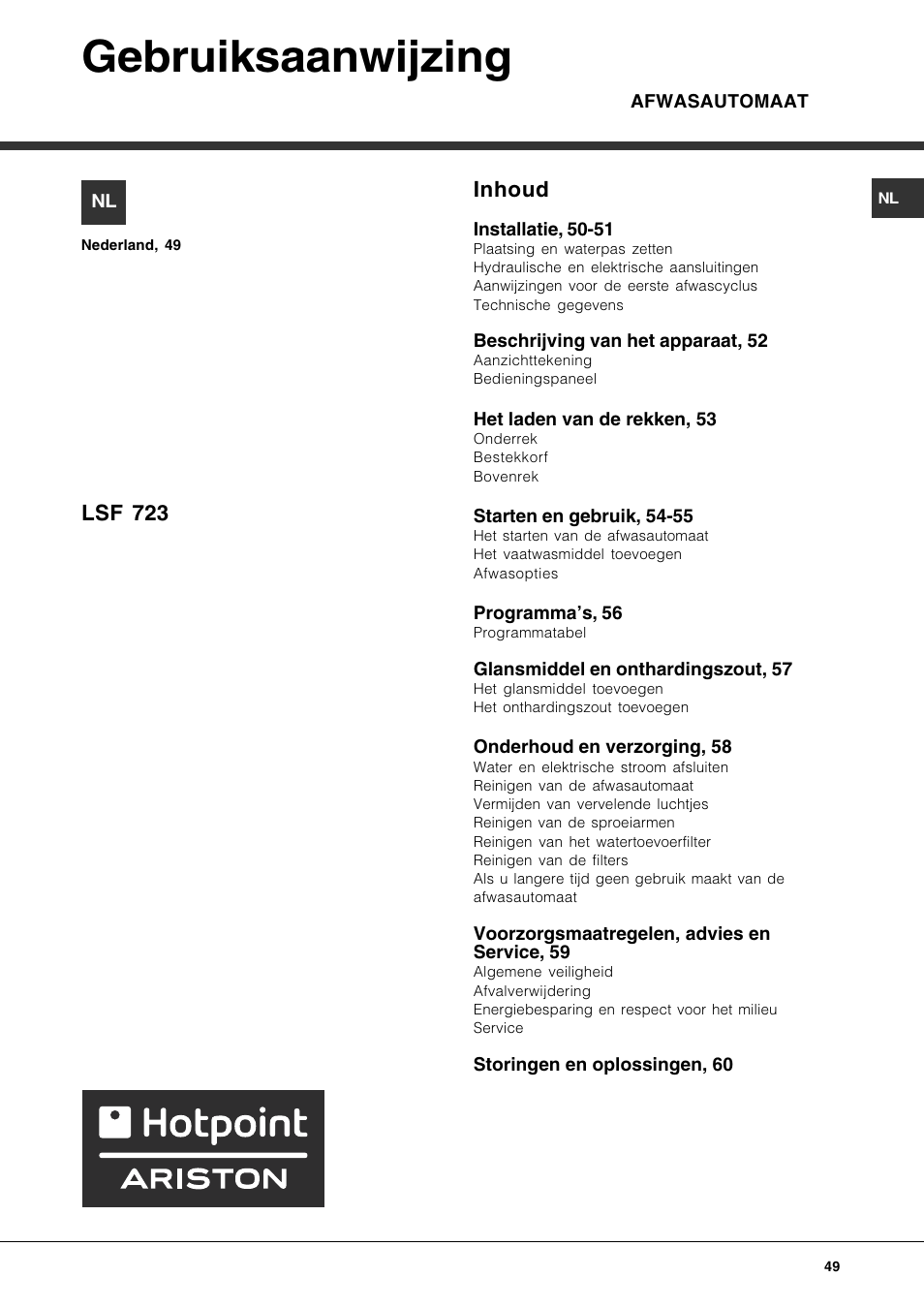 Gebruiksaanwijzing, Inhoud, Lsf 723 | Hotpoint Ariston LSF 723 User Manual | Page 49 / 84