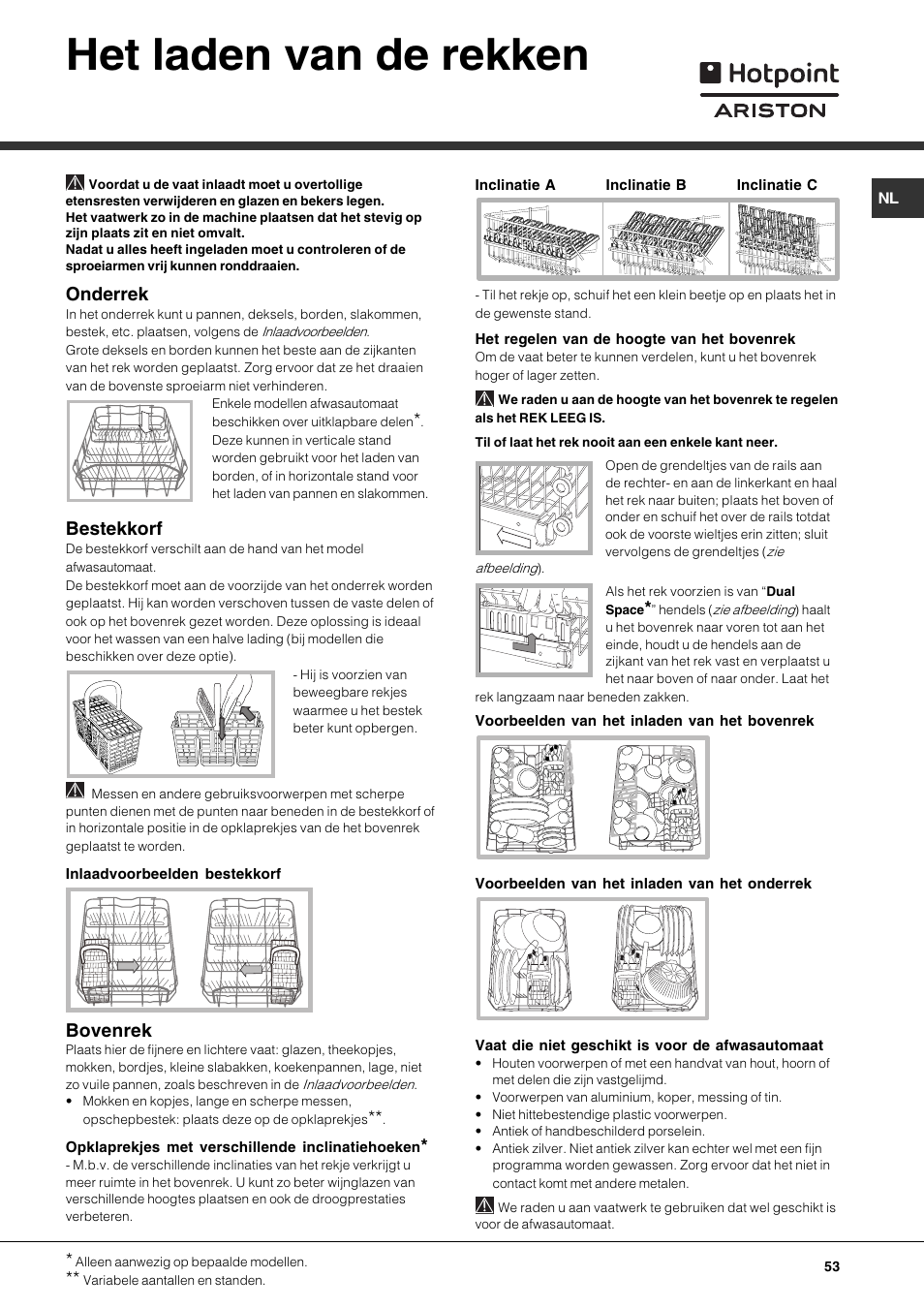 Het laden van de rekken, Onderrek, Bestekkorf | Bovenrek | Hotpoint Ariston LSF 723 User Manual | Page 53 / 84