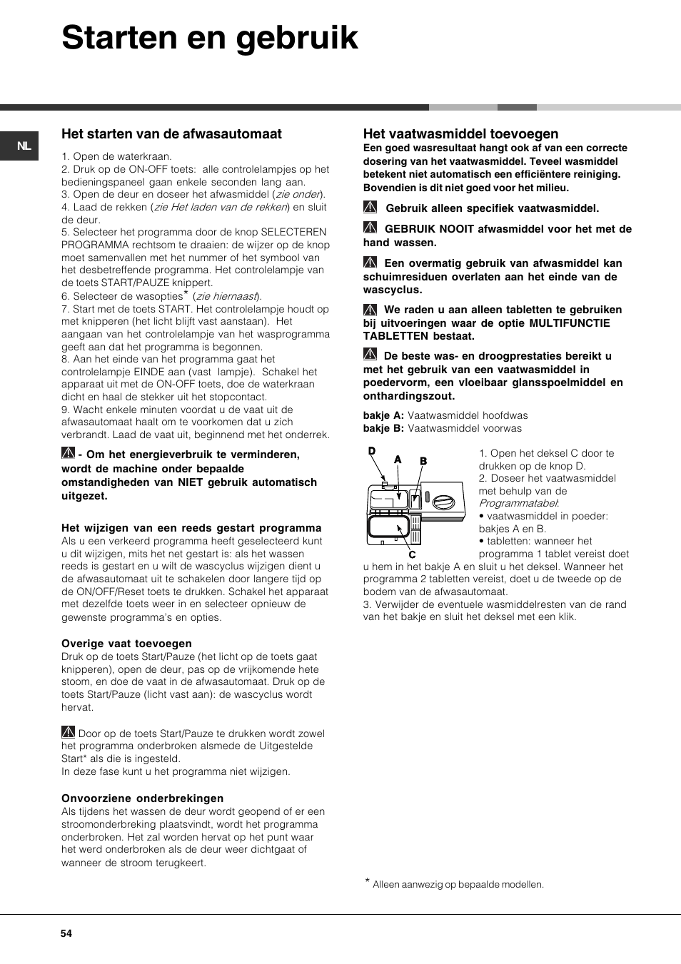 Starten en gebruik, Het starten van de afwasautomaat, Het vaatwasmiddel toevoegen | Hotpoint Ariston LSF 723 User Manual | Page 54 / 84