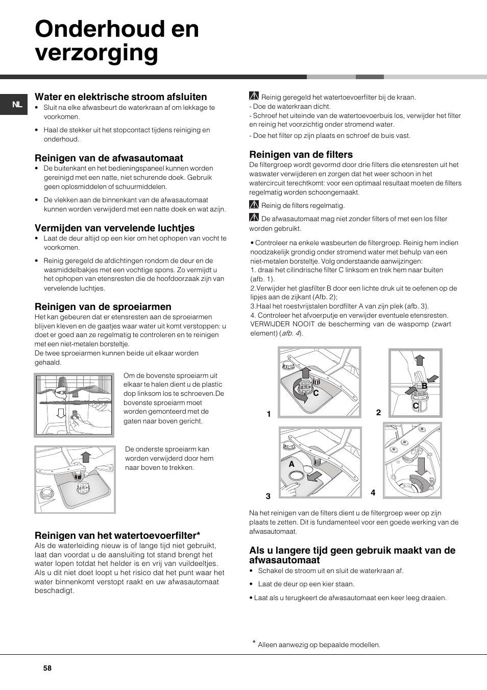 Onderhoud en verzorging, Water en elektrische stroom afsluiten, Reinigen van de afwasautomaat | Vermijden van vervelende luchtjes, Reinigen van de sproeiarmen, Reinigen van het watertoevoerfilter, Reinigen van de filters | Hotpoint Ariston LSF 723 User Manual | Page 58 / 84