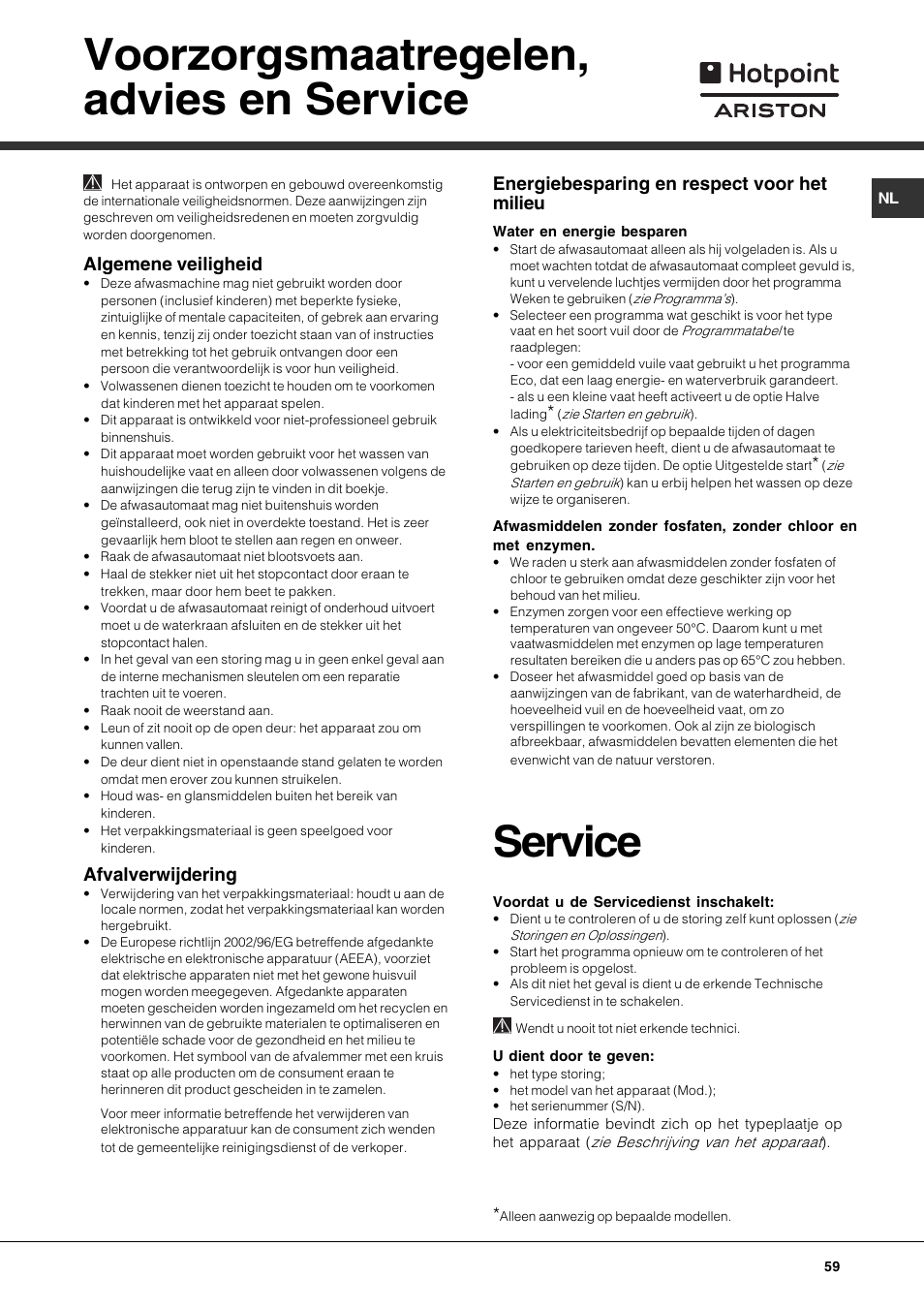 Voorzorgsmaatregelen, advies en service, 5ahle?a, Algemene veiligheid | Afvalverwijdering, Energiebesparing en respect voor het milieu | Hotpoint Ariston LSF 723 User Manual | Page 59 / 84