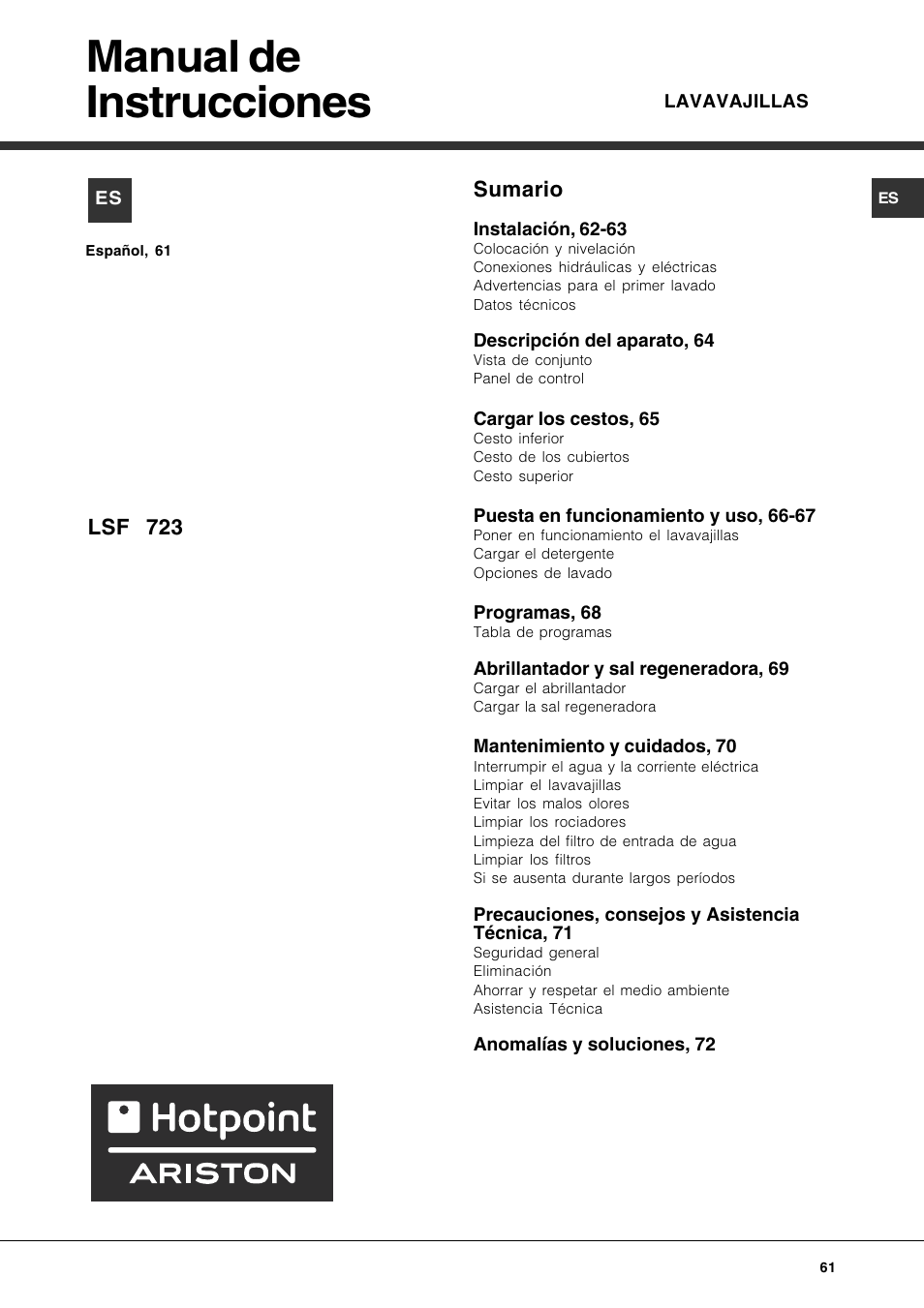 Manual de instrucciones, Sumario, Lsf 723 | Hotpoint Ariston LSF 723 User Manual | Page 61 / 84