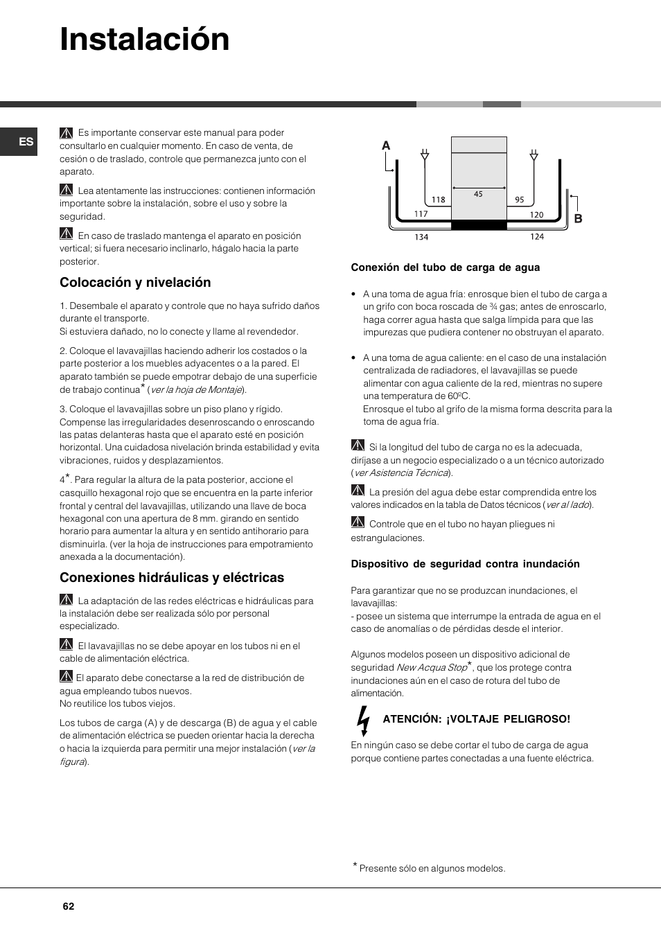 Instalación, Colocación y nivelación, Conexiones hidráulicas y eléctricas | Hotpoint Ariston LSF 723 User Manual | Page 62 / 84