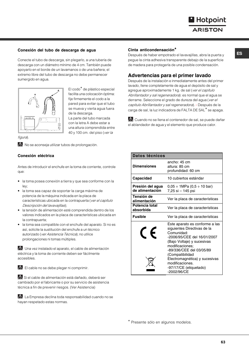 Advertencias para el primer lavado | Hotpoint Ariston LSF 723 User Manual | Page 63 / 84