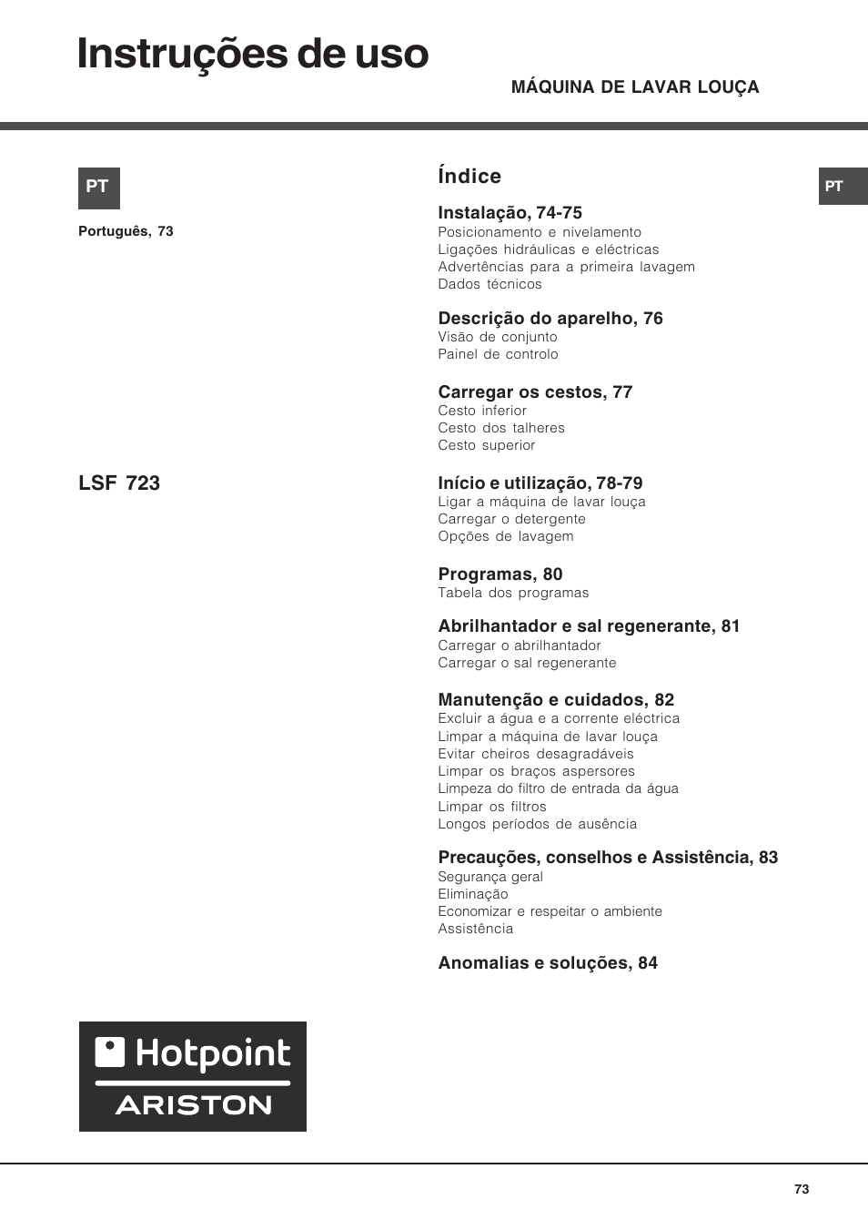 Instruções de uso, Índice, Lsf 723 | Hotpoint Ariston LSF 723 User Manual | Page 73 / 84