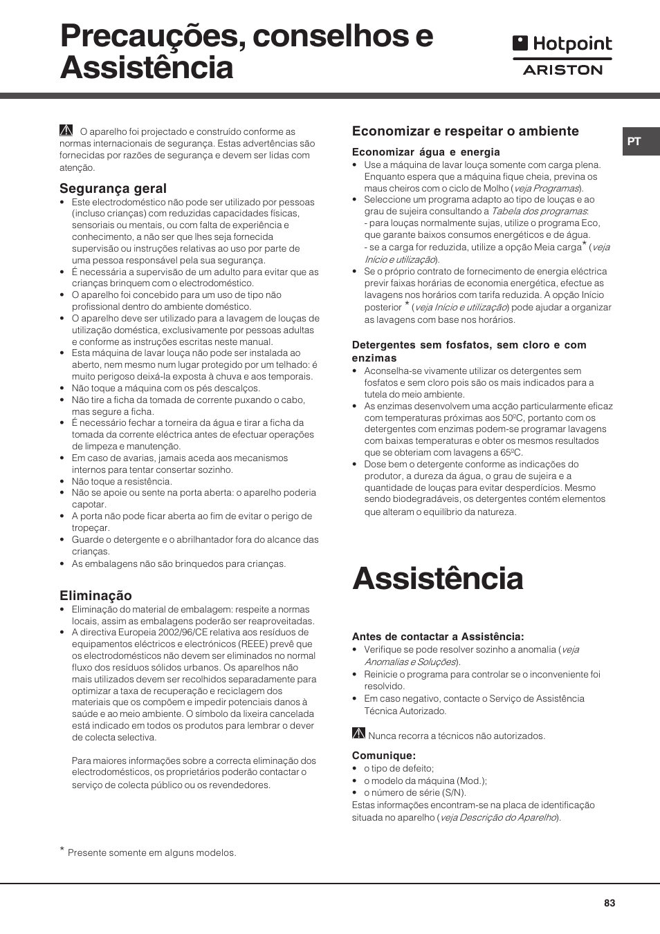 Precauções, conselhos e assistência, Assistência, Segurança geral | Eliminação, Economizar e respeitar o ambiente | Hotpoint Ariston LSF 723 User Manual | Page 83 / 84