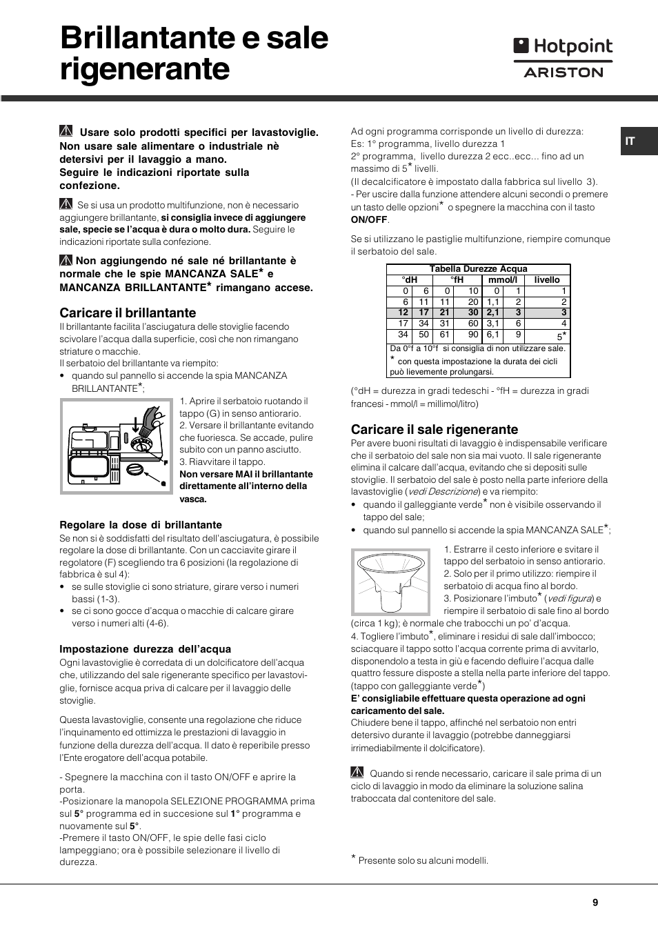 Brillantante e sale rigenerante, Caricare il brillantante, Caricare il sale rigenerante | Hotpoint Ariston LSF 723 User Manual | Page 9 / 84