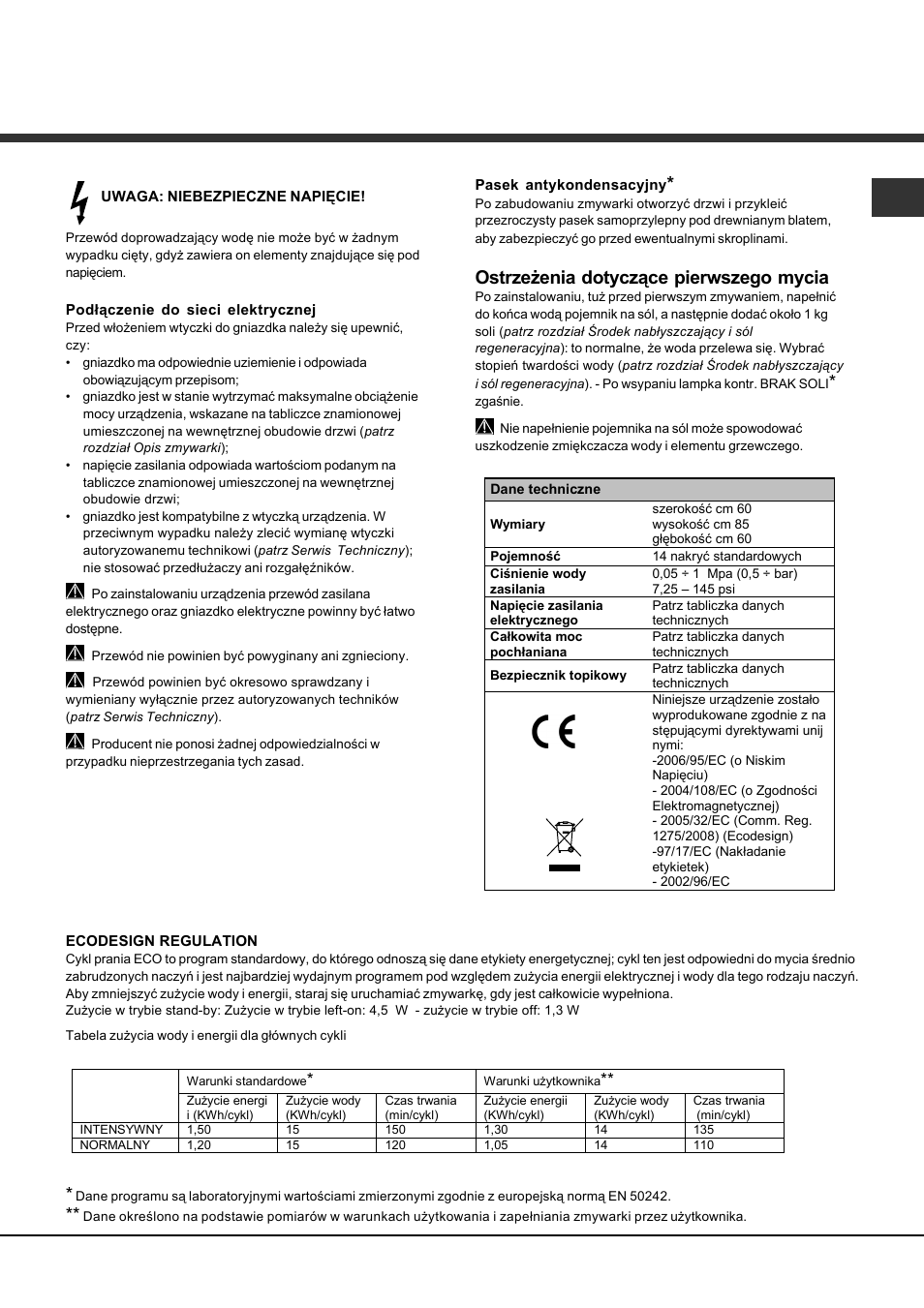 Ostrzeżenia dotyczące pierwszego mycia | Hotpoint Ariston LDFA+ 12H14 User Manual | Page 75 / 84