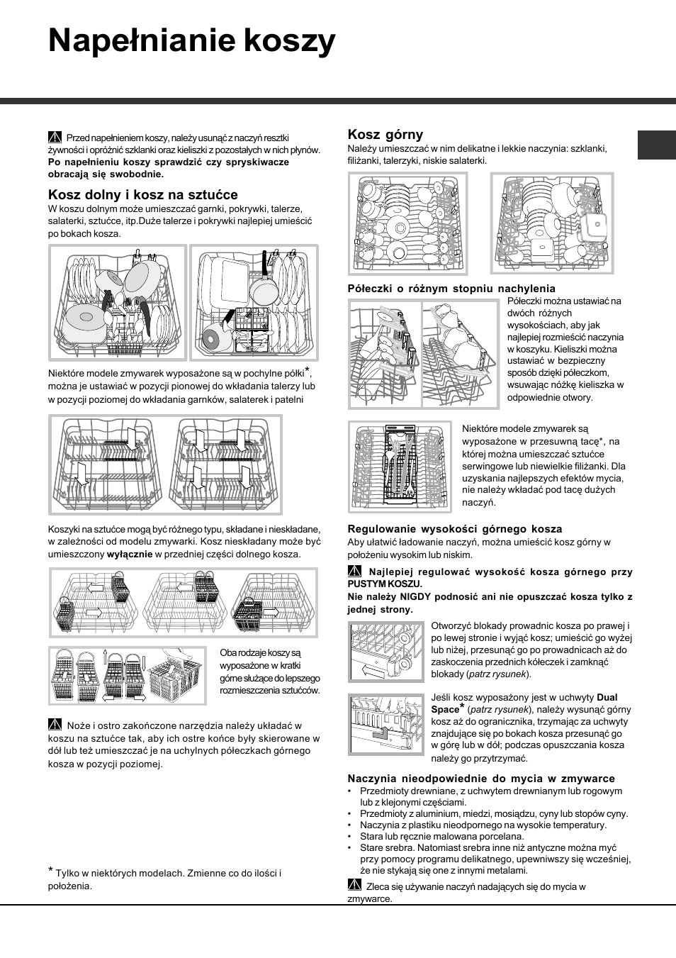 Napełnianie koszy, Kosz dolny i kosz na sztućce, Kosz górny | Hotpoint Ariston LDFA+ 12H14 User Manual | Page 77 / 84