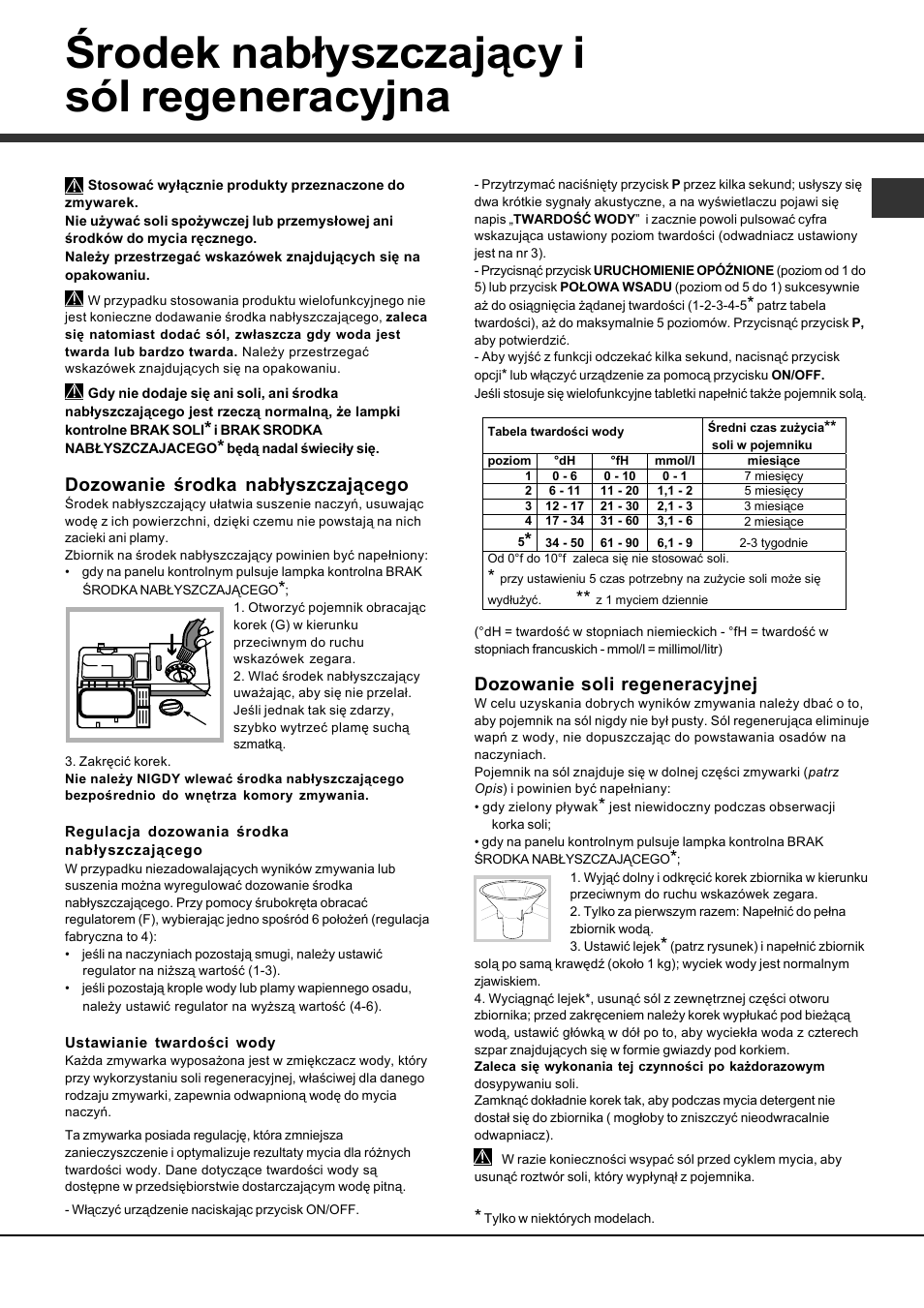 Środek nabłyszczający i sól regeneracyjna, Dozowanie środka nabłyszczającego, Dozowanie soli regeneracyjnej | Hotpoint Ariston LDFA+ 12H14 User Manual | Page 81 / 84