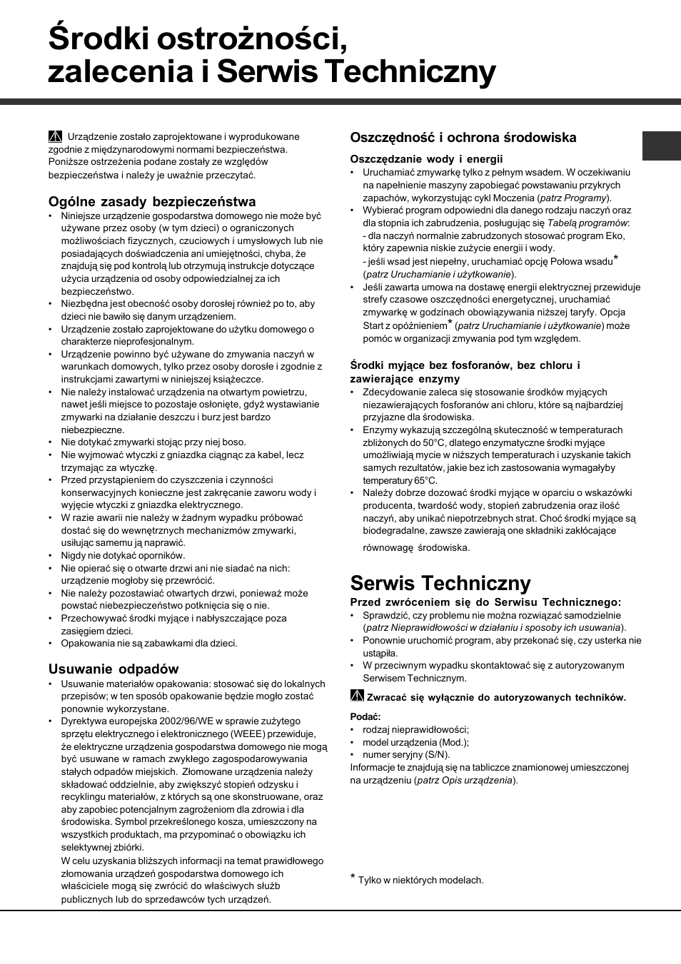 Środki ostrożności, zalecenia i serwis techniczny, Serwis techniczny, Ogólne zasady bezpieczeństwa | Usuwanie odpadów, Oszczędność i ochrona środowiska | Hotpoint Ariston LDFA+ 12H14 User Manual | Page 83 / 84