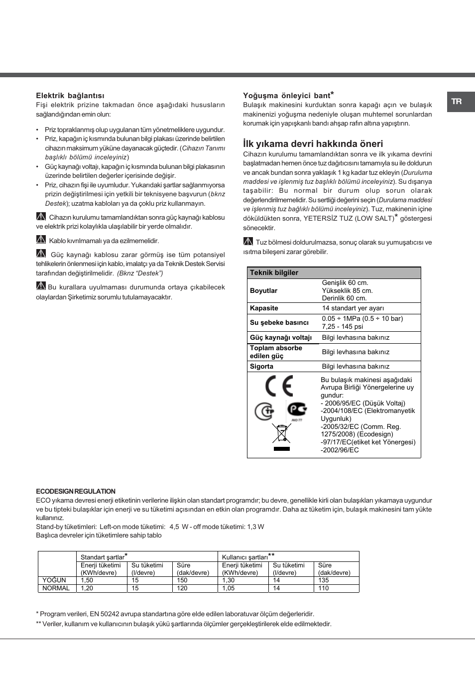 Ýlk yýkama devri hakkýnda öneri | Hotpoint Ariston LFFA+ 8H141 EU User Manual | Page 75 / 84