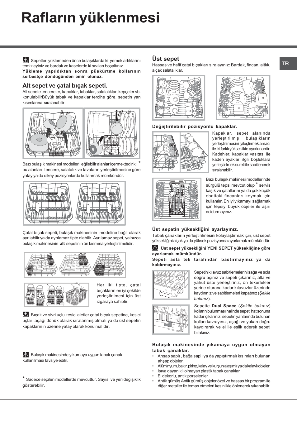 Raflarýn yüklenmesi, Alt sepet ve çatal býçak sepeti, Üst sepet | Hotpoint Ariston LFFA+ 8H141 EU User Manual | Page 77 / 84