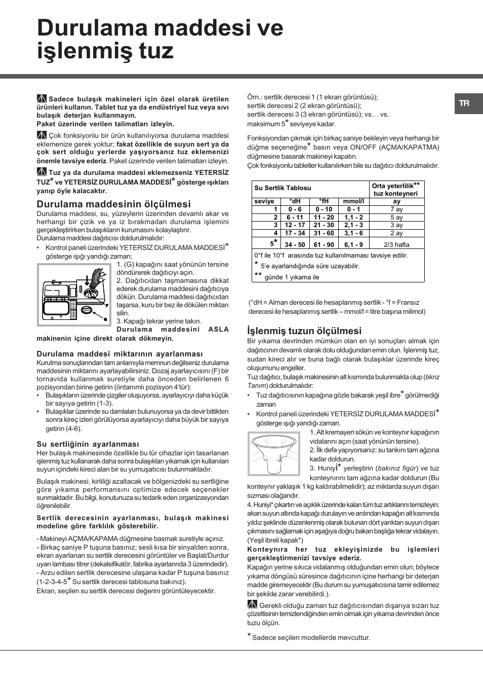 Durulama maddesi ve iþlenmiþ tuz, Durulama maddesinin ölçülmesi, Ýþlenmiþ tuzun ölçülmesi | Hotpoint Ariston LFFA+ 8H141 EU User Manual | Page 81 / 84