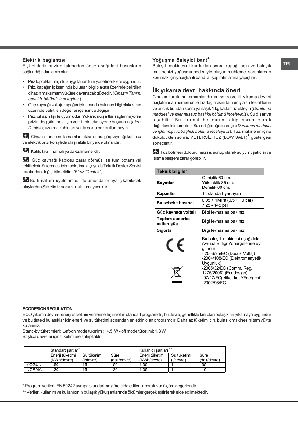 Ýlk yýkama devri hakkýnda öneri | Hotpoint Ariston LFFA+ 8H141 X EU User Manual | Page 75 / 84