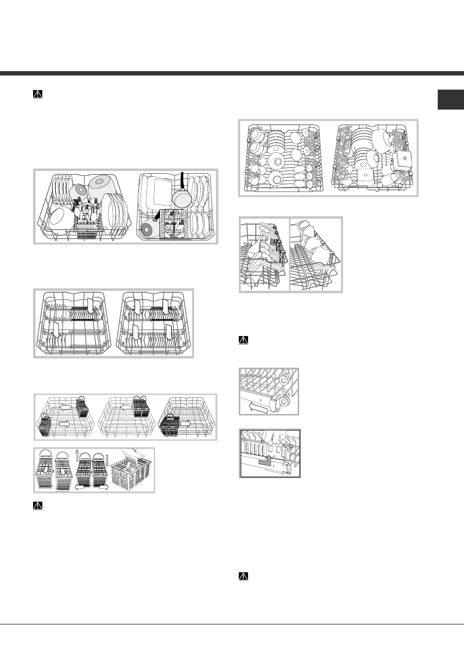 Cargar los cestos, Cesto inferior y cesto para cubiertos, Cesto superior | Hotpoint Ariston LFSA+ 2174 A IX.R User Manual | Page 65 / 84