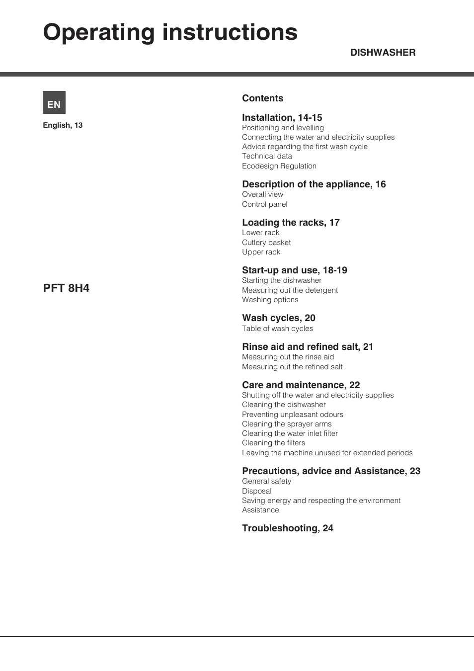 Pft 8h4_en, Operating instructions | Hotpoint Ariston PFT 8H4X.R User Manual | Page 13 / 84