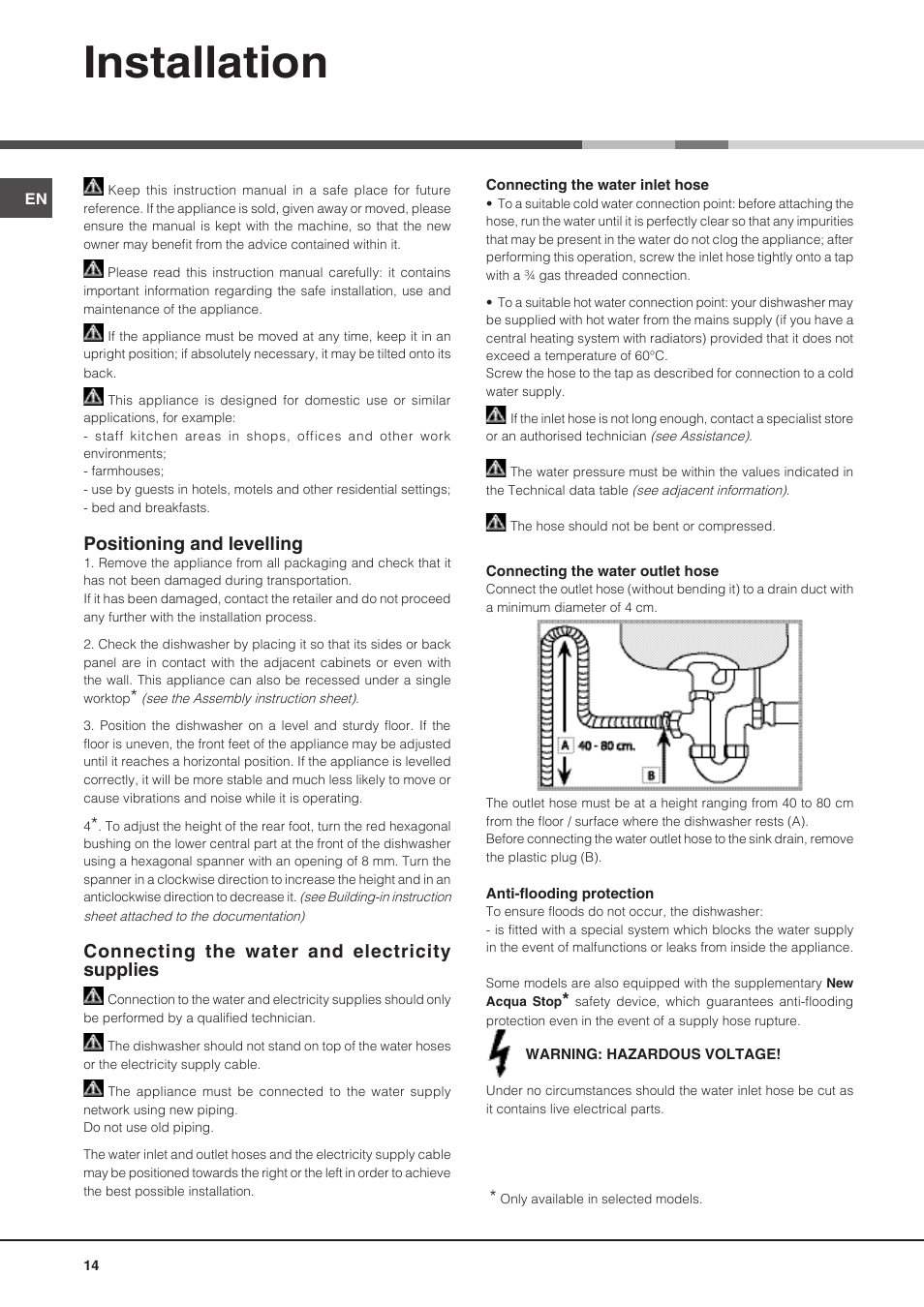 Installation, Positioning and levelling, Connecting the water and electricity supplies | Hotpoint Ariston PFT 8H4X.R User Manual | Page 14 / 84