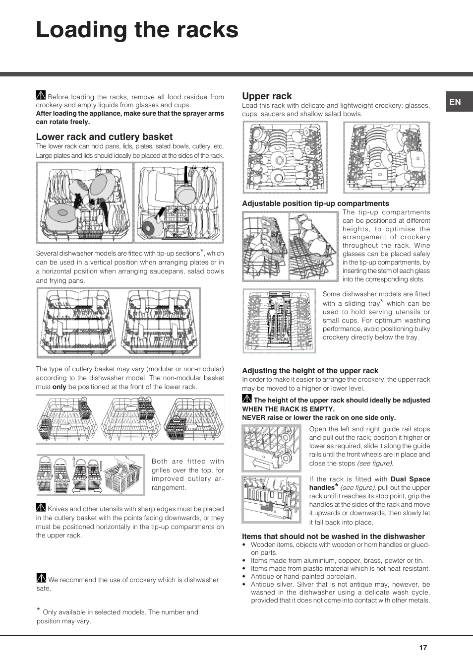 Loading the racks, Lower rack and cutlery basket, Upper rack | Hotpoint Ariston PFT 8H4X.R User Manual | Page 17 / 84