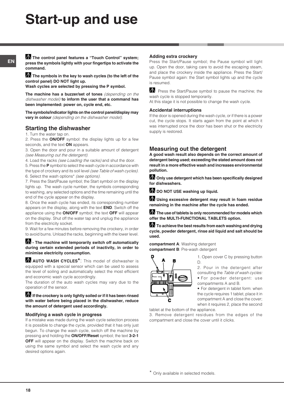 Start-up and use, Starting the dishwasher, Measuring out the detergent | Hotpoint Ariston PFT 8H4X.R User Manual | Page 18 / 84