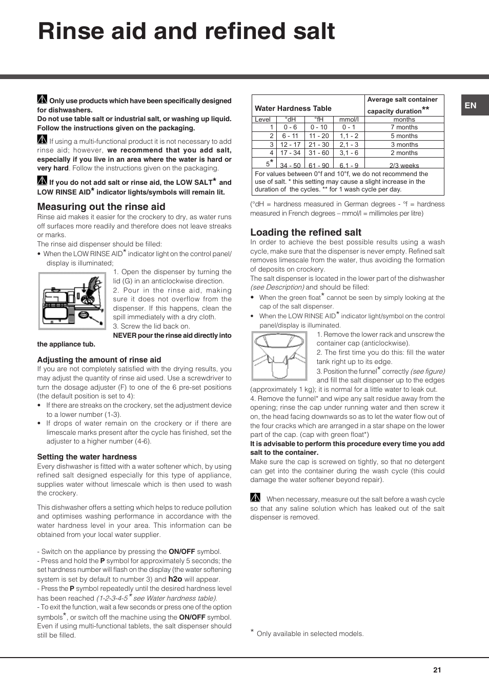 Rinse aid and refined salt, Measuring out the rinse aid, Loading the refined salt | Hotpoint Ariston PFT 8H4X.R User Manual | Page 21 / 84