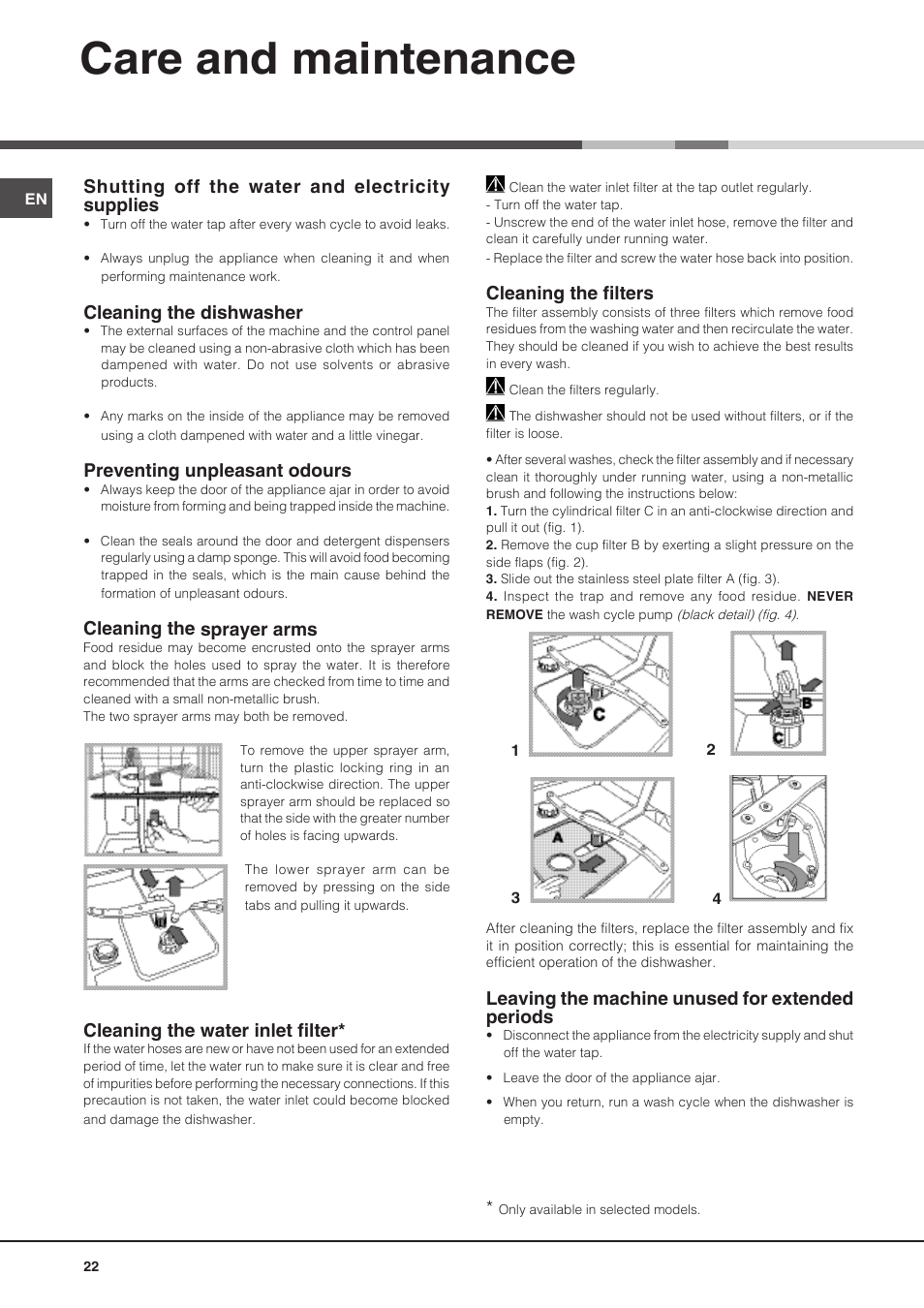 Care and maintenance, Shutting off the water and electricity supplies, Cleaning the dishwasher | Preventing unpleasant odours, Cleaning the sprayer arms, Cleaning the water inlet filter, Cleaning the filters, Leaving the machine unused for extended periods | Hotpoint Ariston PFT 8H4X.R User Manual | Page 22 / 84