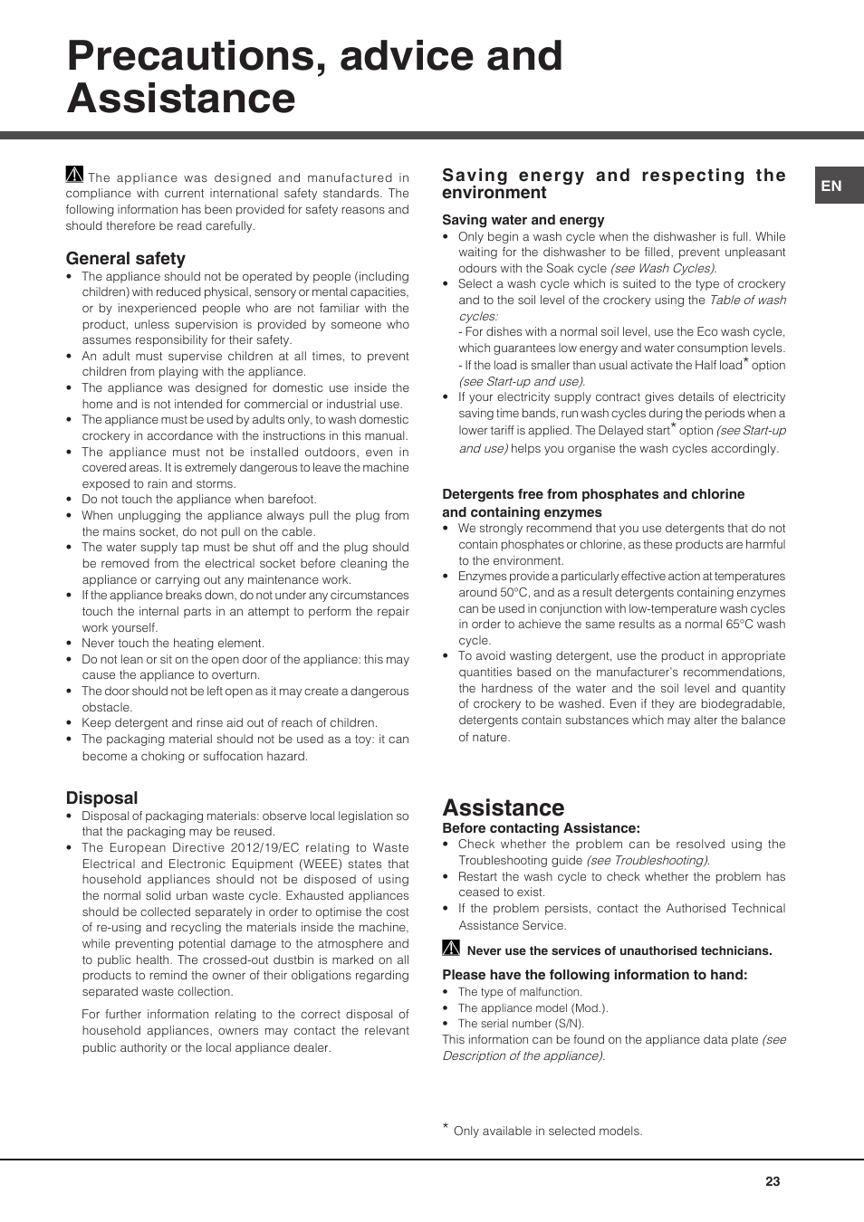 Precautions, advice and assistance, Assistance, General safety | Disposal, Saving energy and respecting the environment | Hotpoint Ariston PFT 8H4X.R User Manual | Page 23 / 84