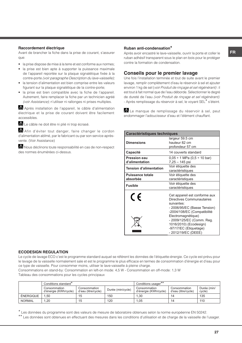 Conseils pour le premier lavage | Hotpoint Ariston PFT 8H4X.R User Manual | Page 27 / 84