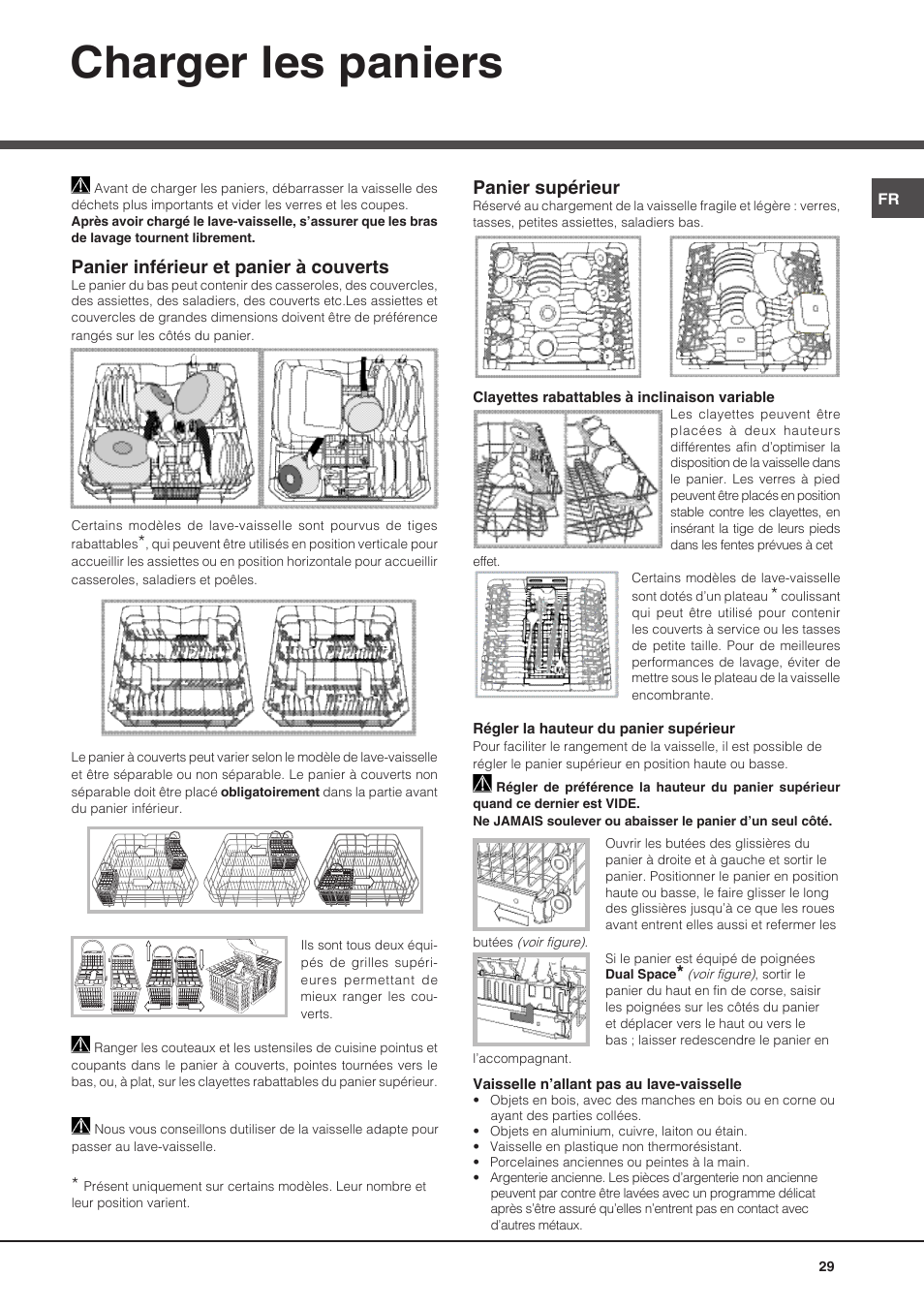 Charger les paniers, Panier inférieur et panier à couverts, Panier supérieur | Hotpoint Ariston PFT 8H4X.R User Manual | Page 29 / 84