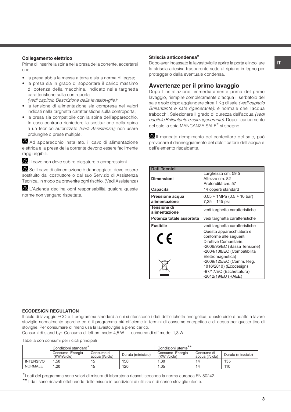 Avvertenze per il primo lavaggio | Hotpoint Ariston PFT 8H4X.R User Manual | Page 3 / 84