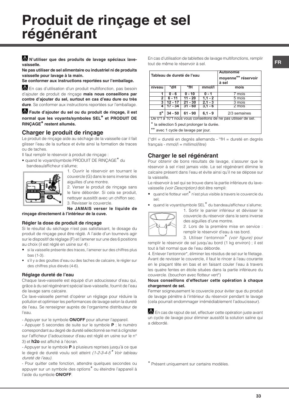 Produit de rinçage et sel régénérant, Charger le produit de rinçage, Charger le sel régénérant | Hotpoint Ariston PFT 8H4X.R User Manual | Page 33 / 84