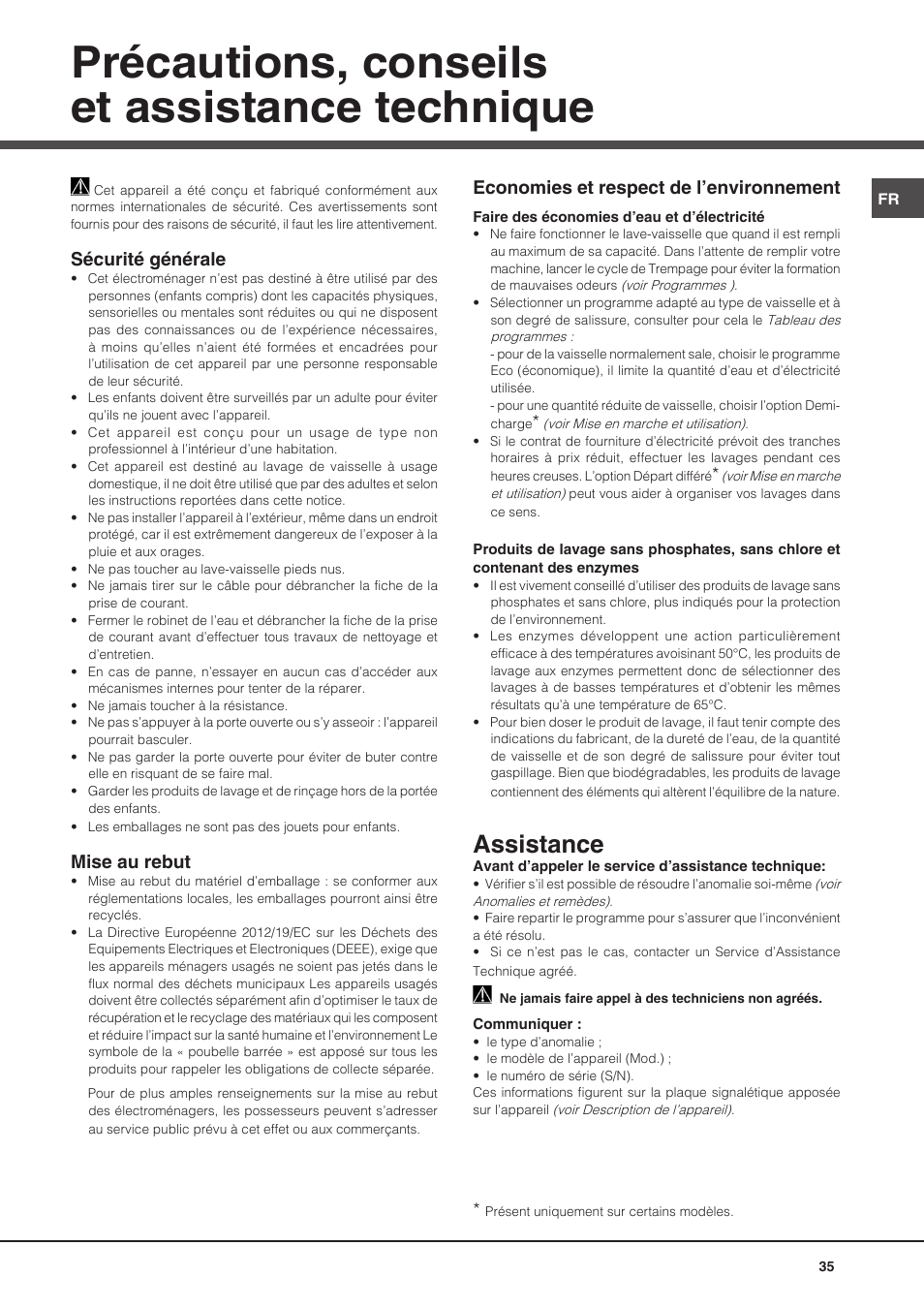 Précautions, conseils et assistance technique, Assistance, Sécurité générale | Mise au rebut, Economies et respect de l’environnement | Hotpoint Ariston PFT 8H4X.R User Manual | Page 35 / 84