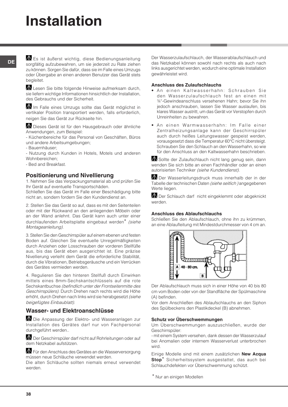 Installation, Positionierung und nivellierung, Wasser- und elektroanschlüsse | Hotpoint Ariston PFT 8H4X.R User Manual | Page 38 / 84