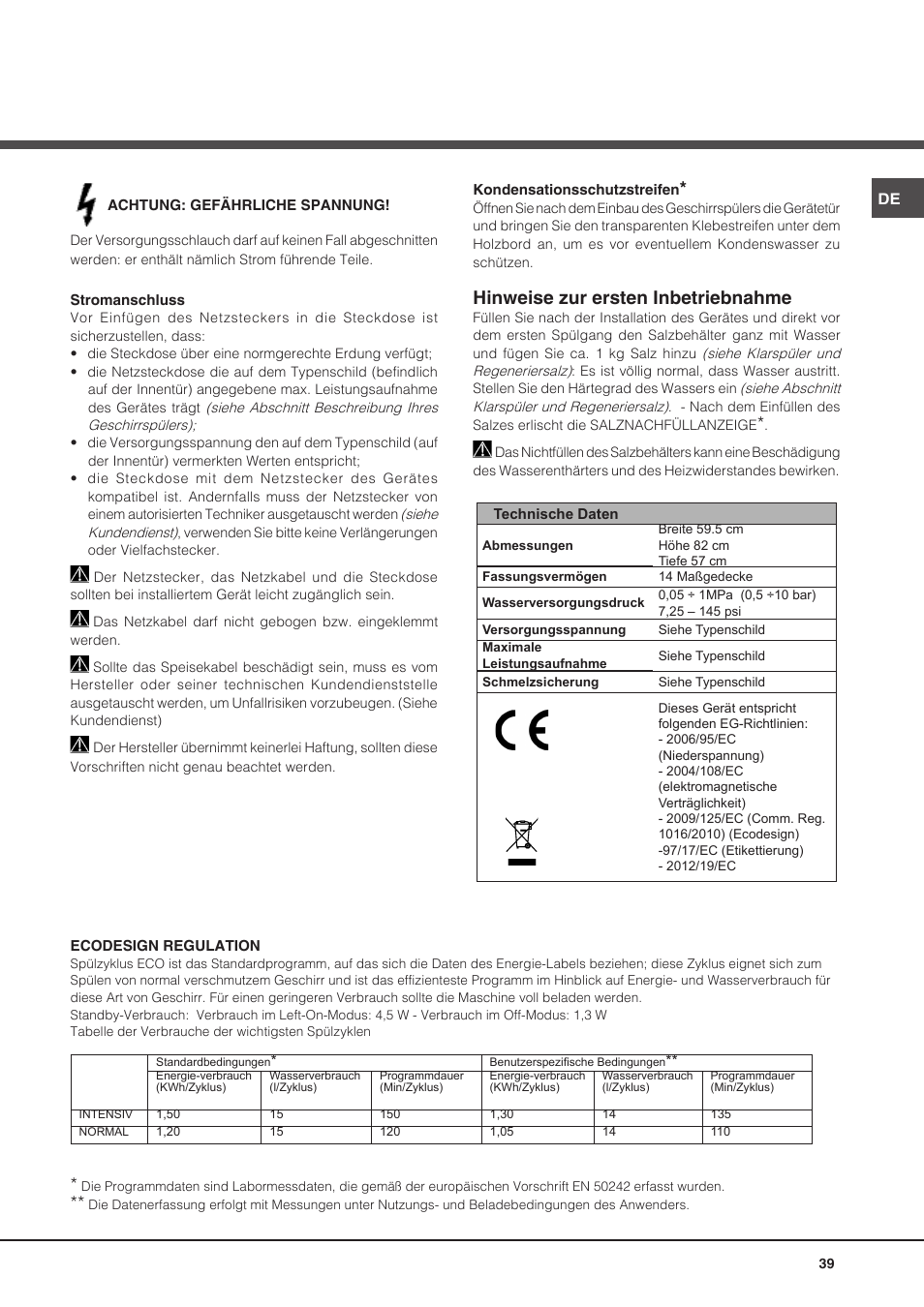 Hinweise zur ersten inbetriebnahme | Hotpoint Ariston PFT 8H4X.R User Manual | Page 39 / 84