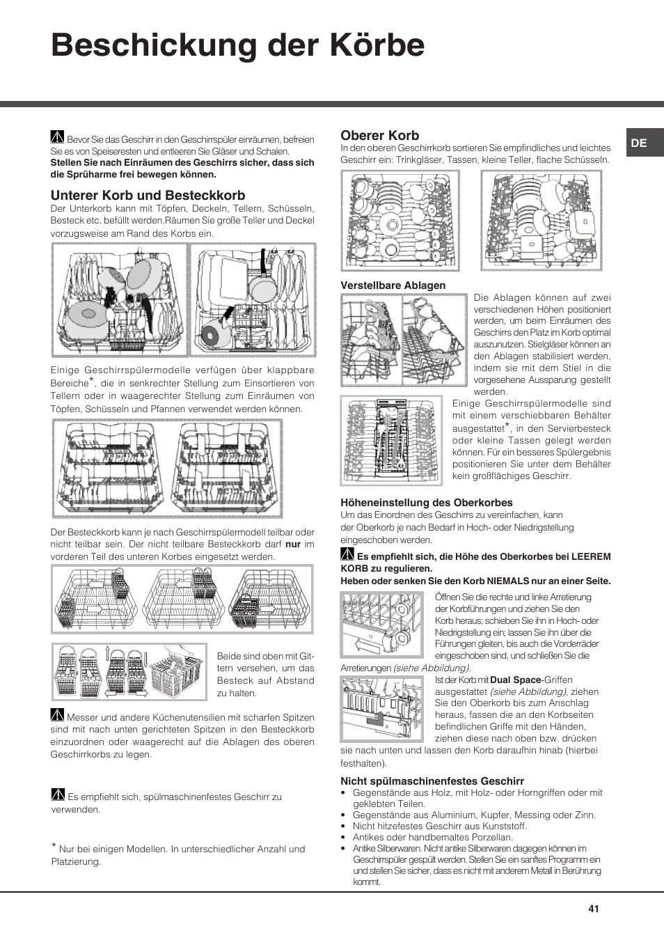 Beschickung der körbe, Unterer korb und besteckkorb, Oberer korb | Hotpoint Ariston PFT 8H4X.R User Manual | Page 41 / 84